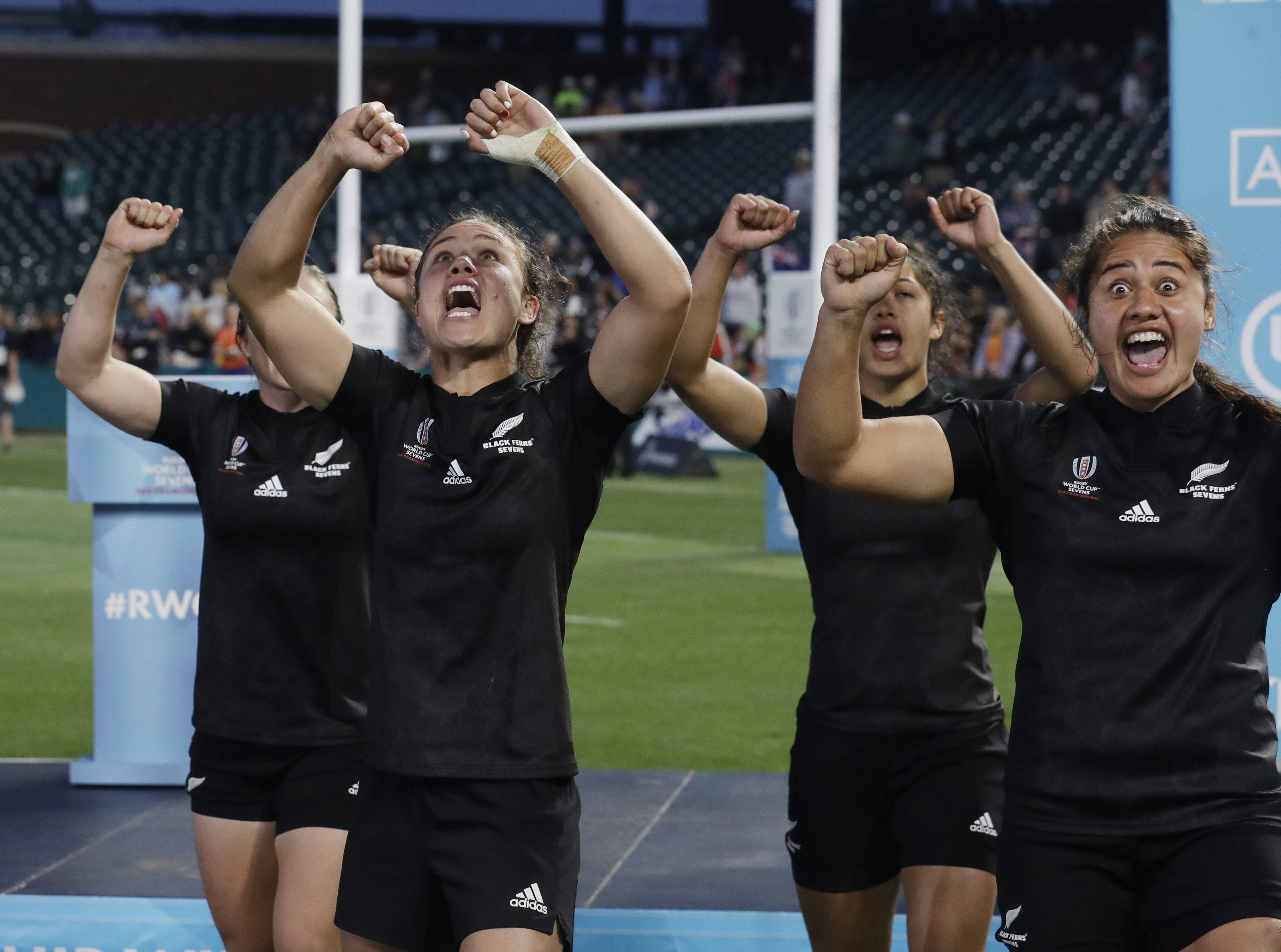 Gold medal winners New Zealand perform a Haka after beating France in the women's Rugby World Cup Sevens final in San Francisco. Photo: AP