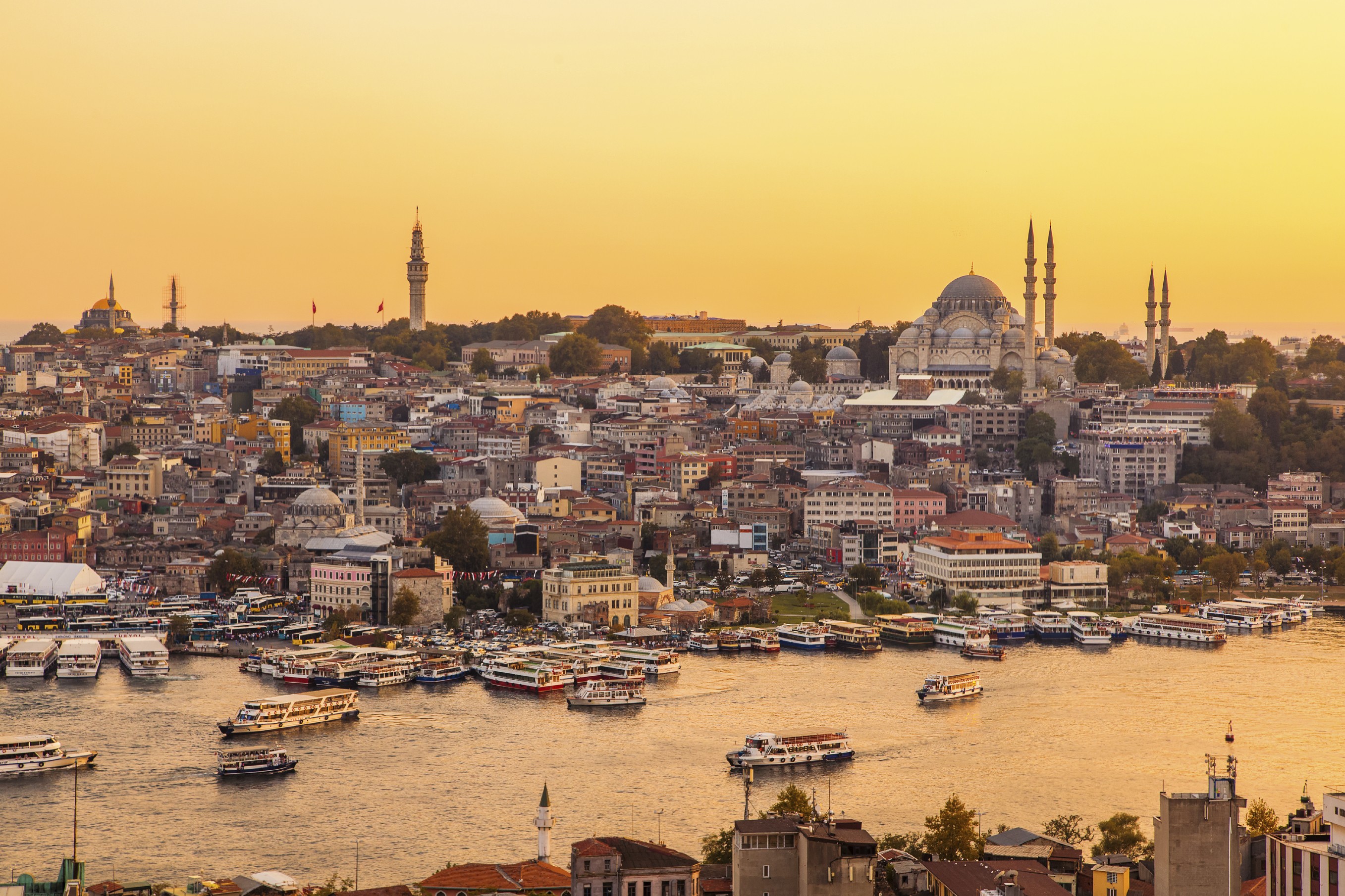 A view across Golden Horn Bay from Galata Tower at sunset in Istanbul, in Turkey – just one of the romantic holiday destinations recommended by tour operator Lightfoot Travel.