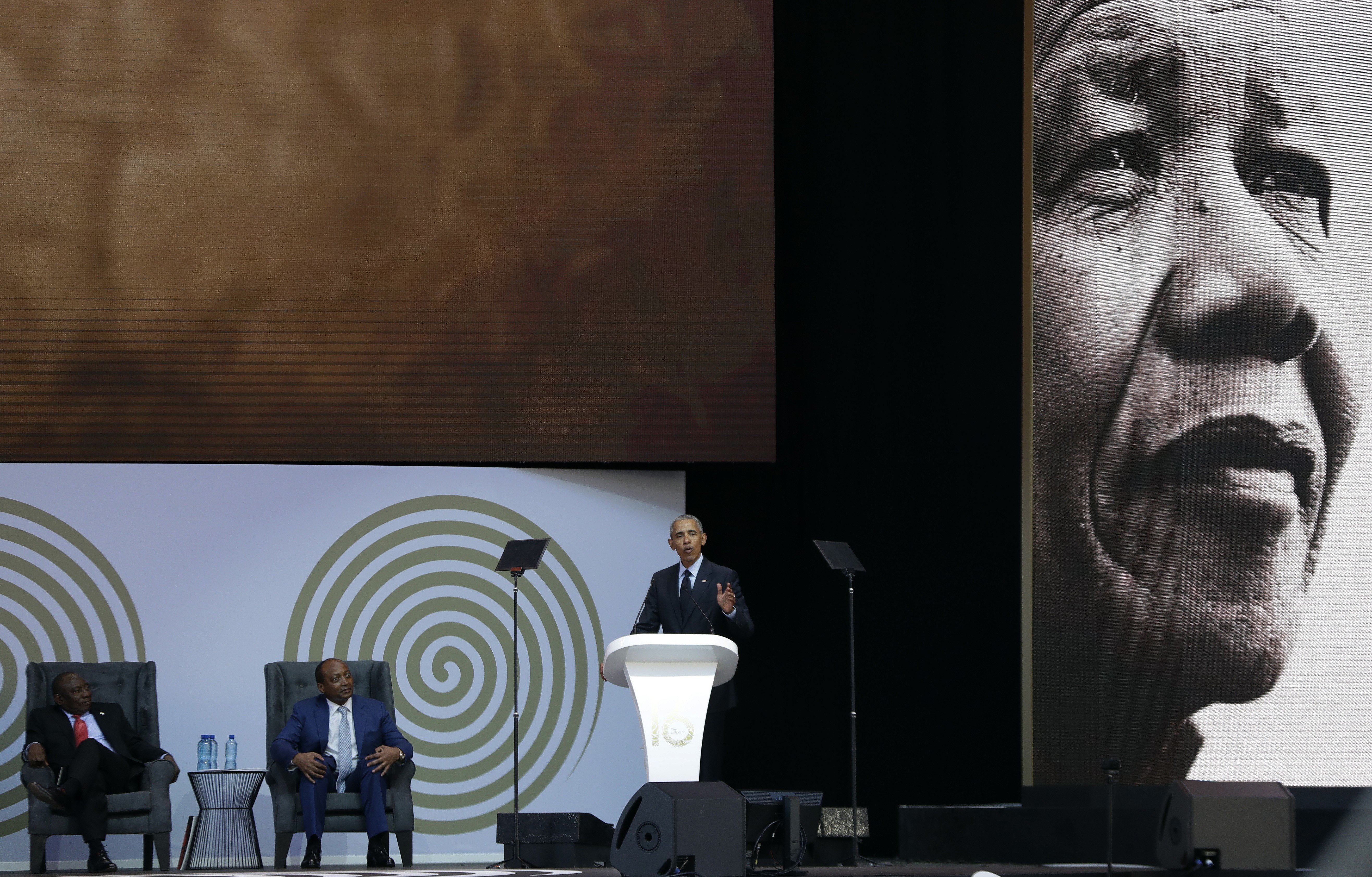 Former US President Barack Obama delivers the 16th Annual Nelson Mandela Lecture, at the Wanderers Stadium in Johannesburg, South Africa, on July 17. In his highest-profile speech since leaving office, Obama urged people around the world to respect human rights and other values under threat, in an address marking the 100th anniversary of anti-apartheid leader Mandela’s birth. Photo: AP