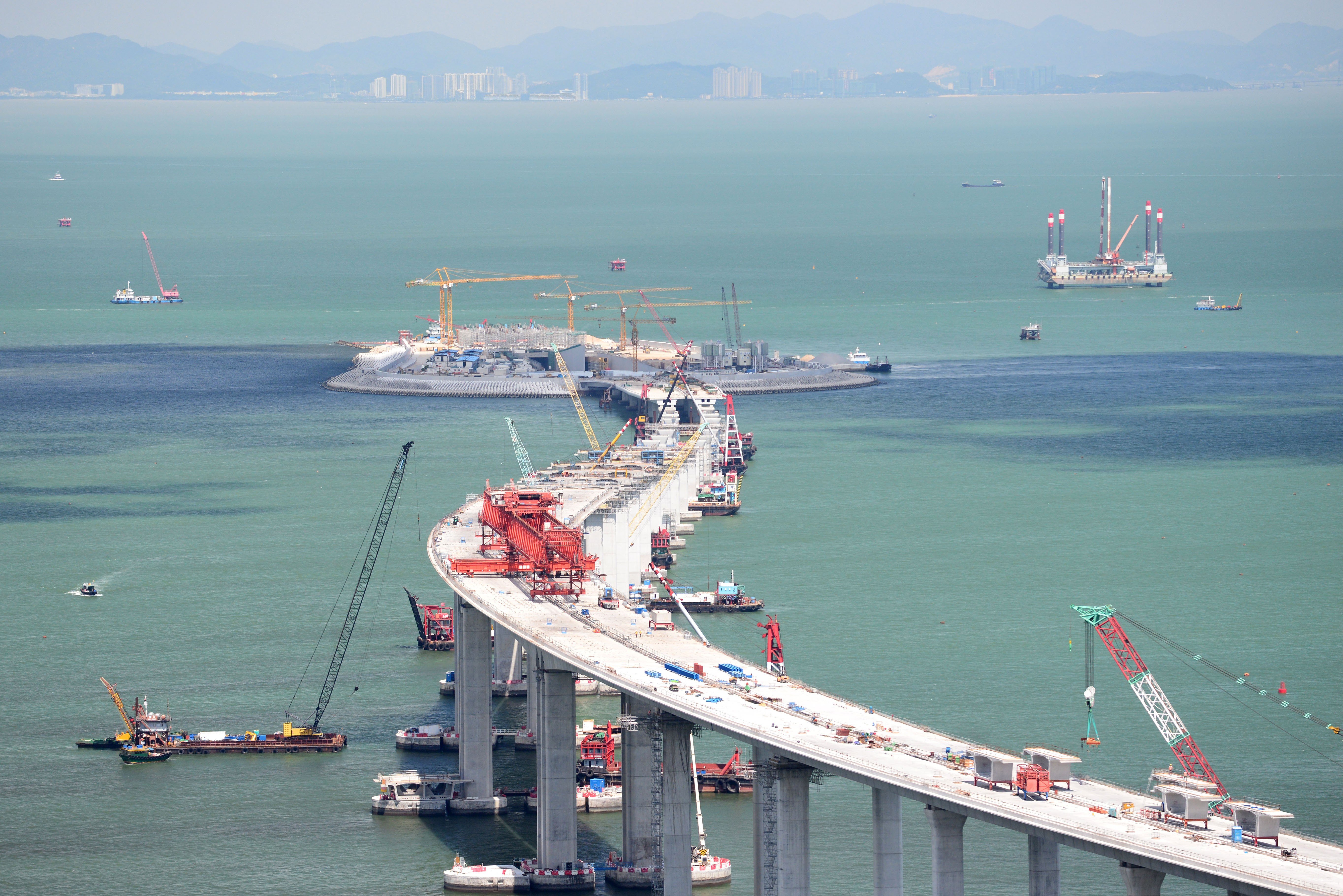 The Hong Kong-Zhuhai-Macau bridge, then still under construction in the waters off Lantau Island, in July 2017. The bridge, which passes through the habitat of the Chinese white dolphin, will be opened to traffic later this year. Photo: Xinhua