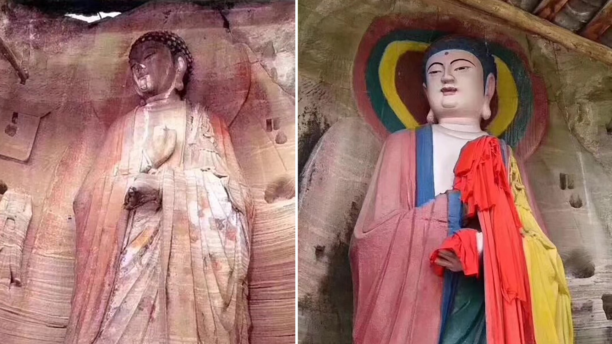 A botched restoration job that painted over Buddhist sculptures in Anyue township, Sichuan province, has drawn harsh criticism. Photo: ThePaper.cn