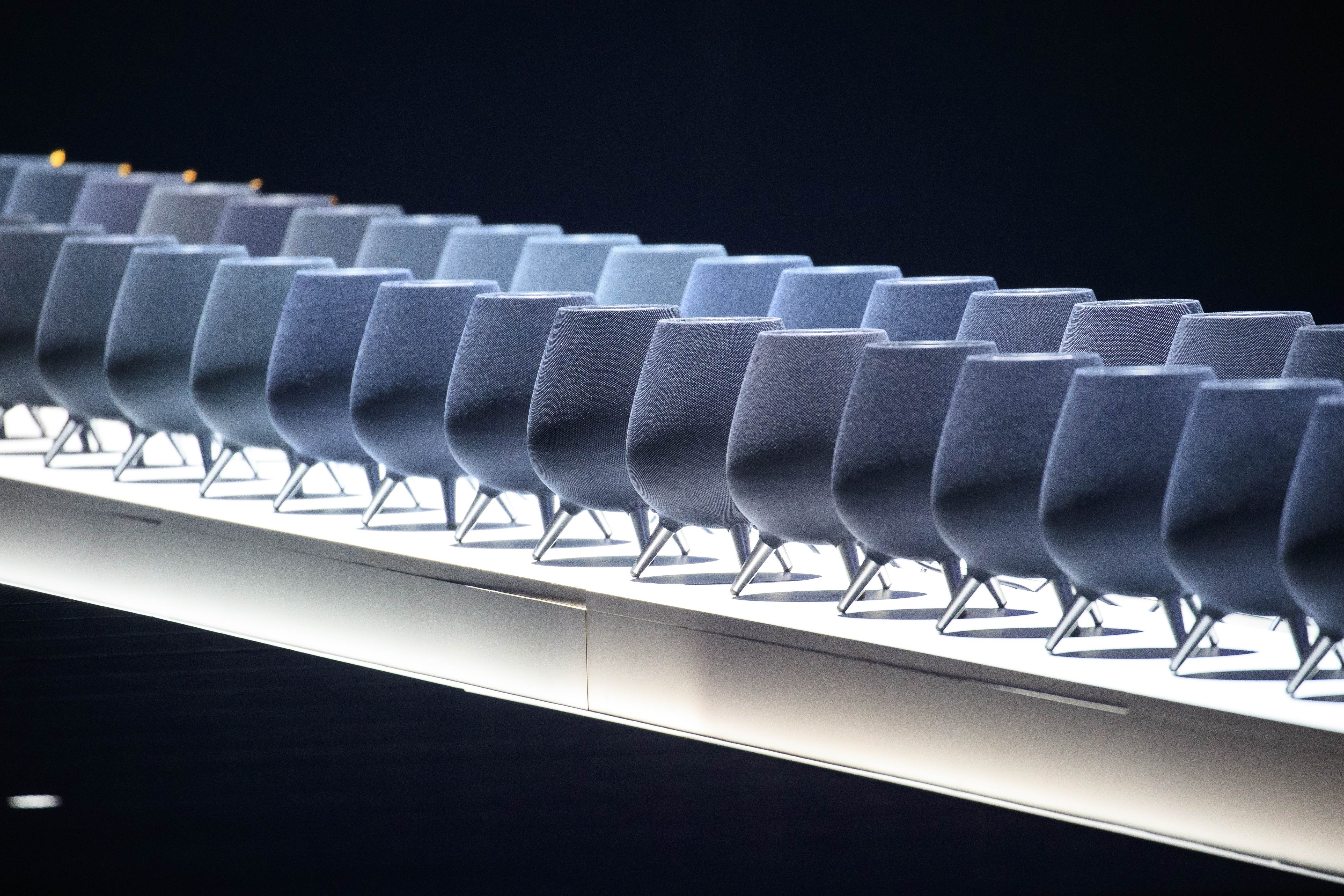 A display of the new Samsung Galaxy Home artificial intelligence speakers at a product launch event held in New York last Thursday. Photo: AFP