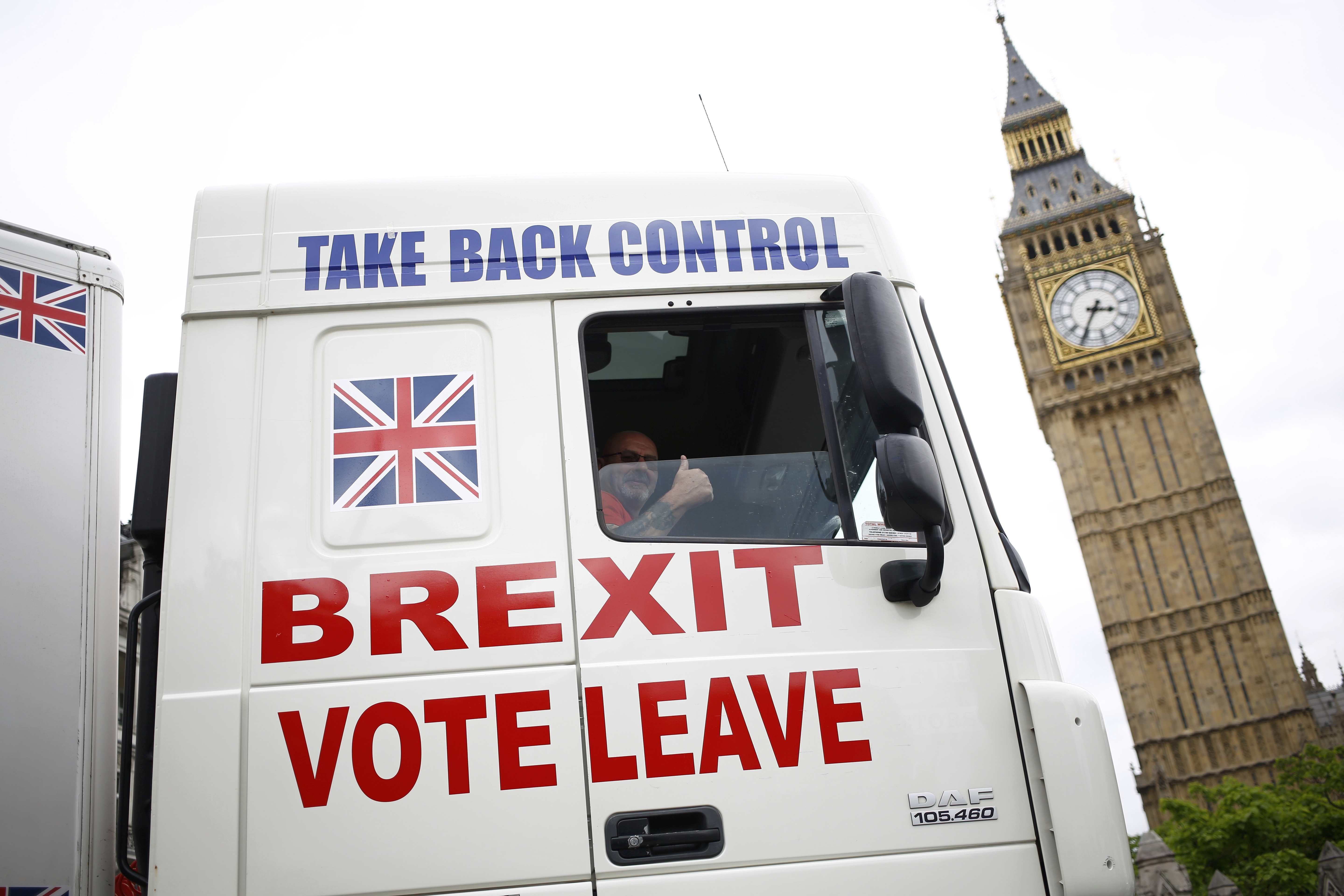 A truck driven by a Leave supporter promotes Brexit in Parliament Square, London, in June 2016. Photo: Reuters