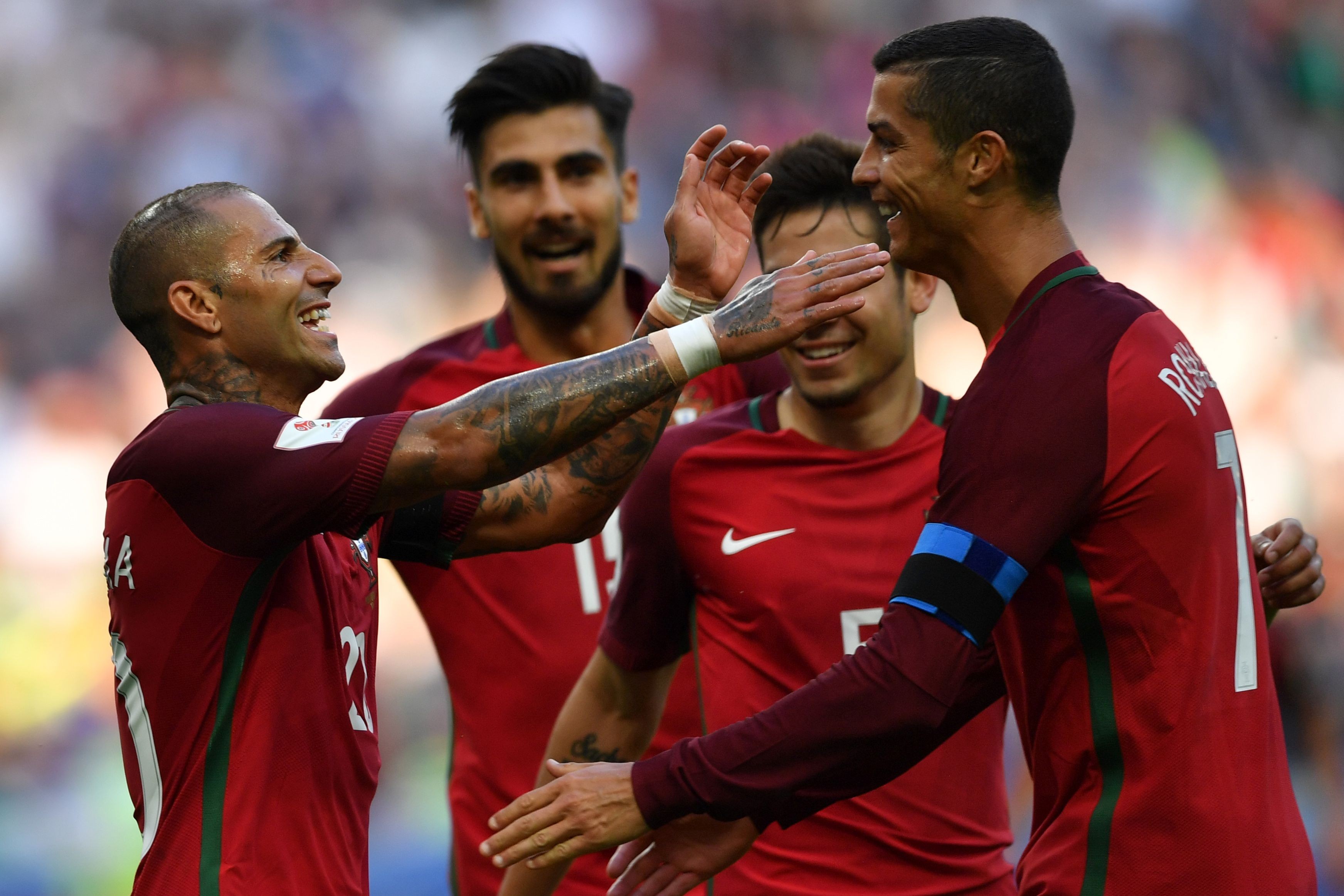 Portugal forwards Ricardo Quaresma (L) and Cristiano Ronaldo (R) celebrate a goal during the 2017 Confederations Cup. Photo: AFP