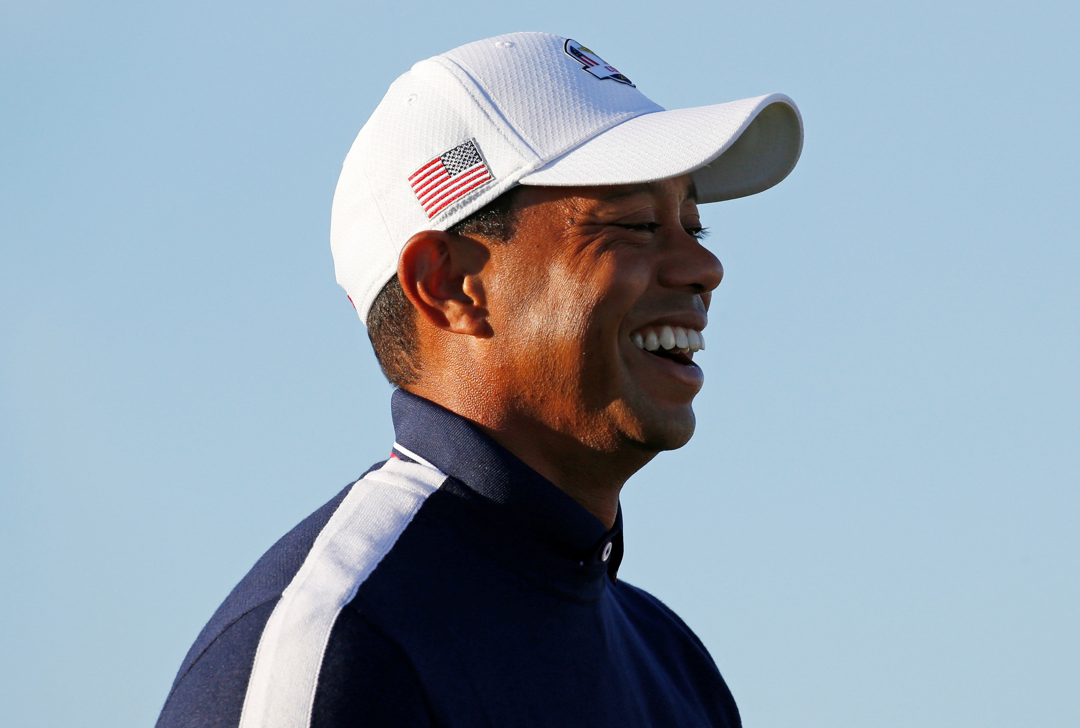 Team USA’s Tiger Woods in action during practise at Le Golf National. Photo: Reuters