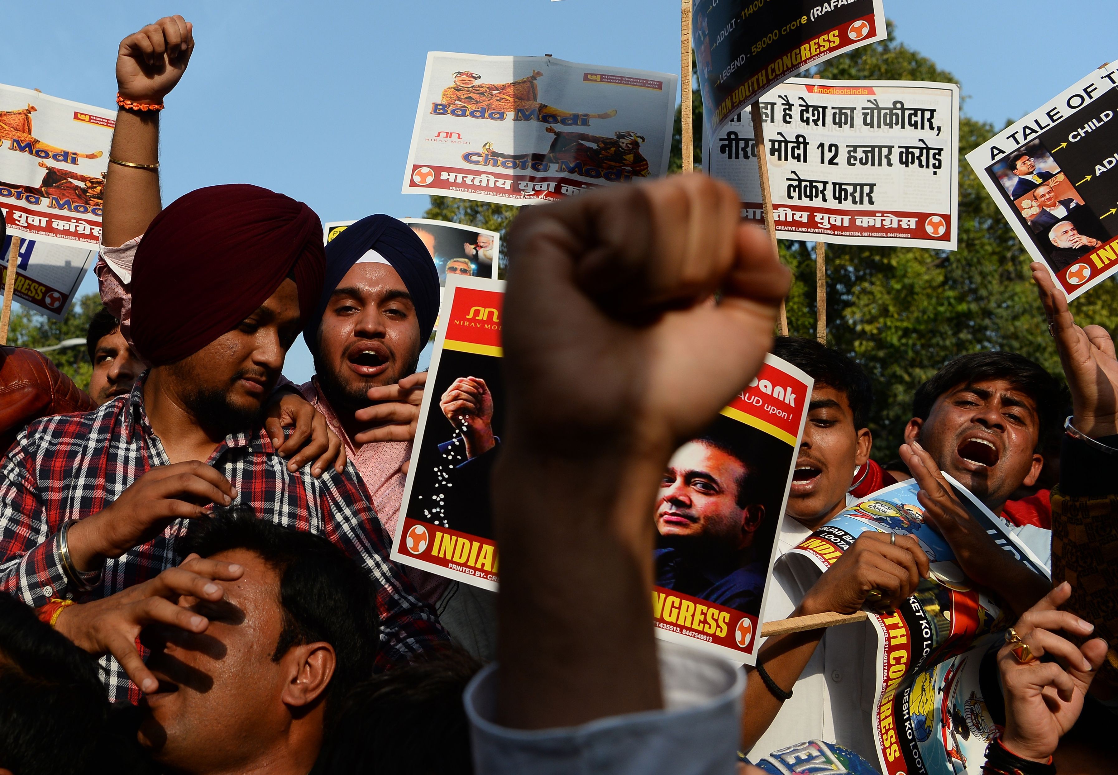 A protest against billionaire jeweller Nirav Modi and India’s Finance Minister Arun Jaitley in the wake of the Punjab National Bank banking fraud scandal in New Delhi. Photo: AFP