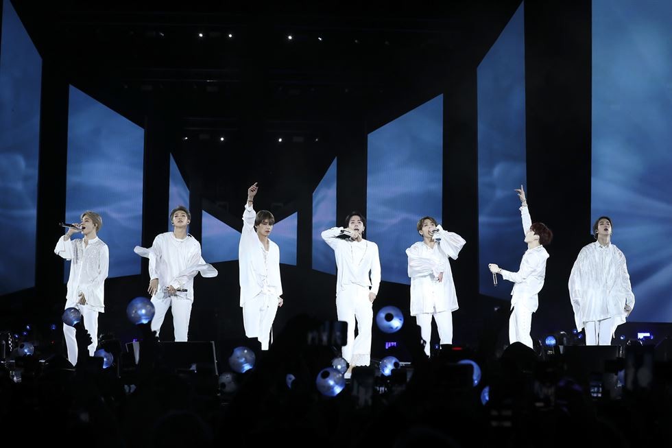 BTS members perform at Citi Field in New York on Saturday. Photo: Yonhap