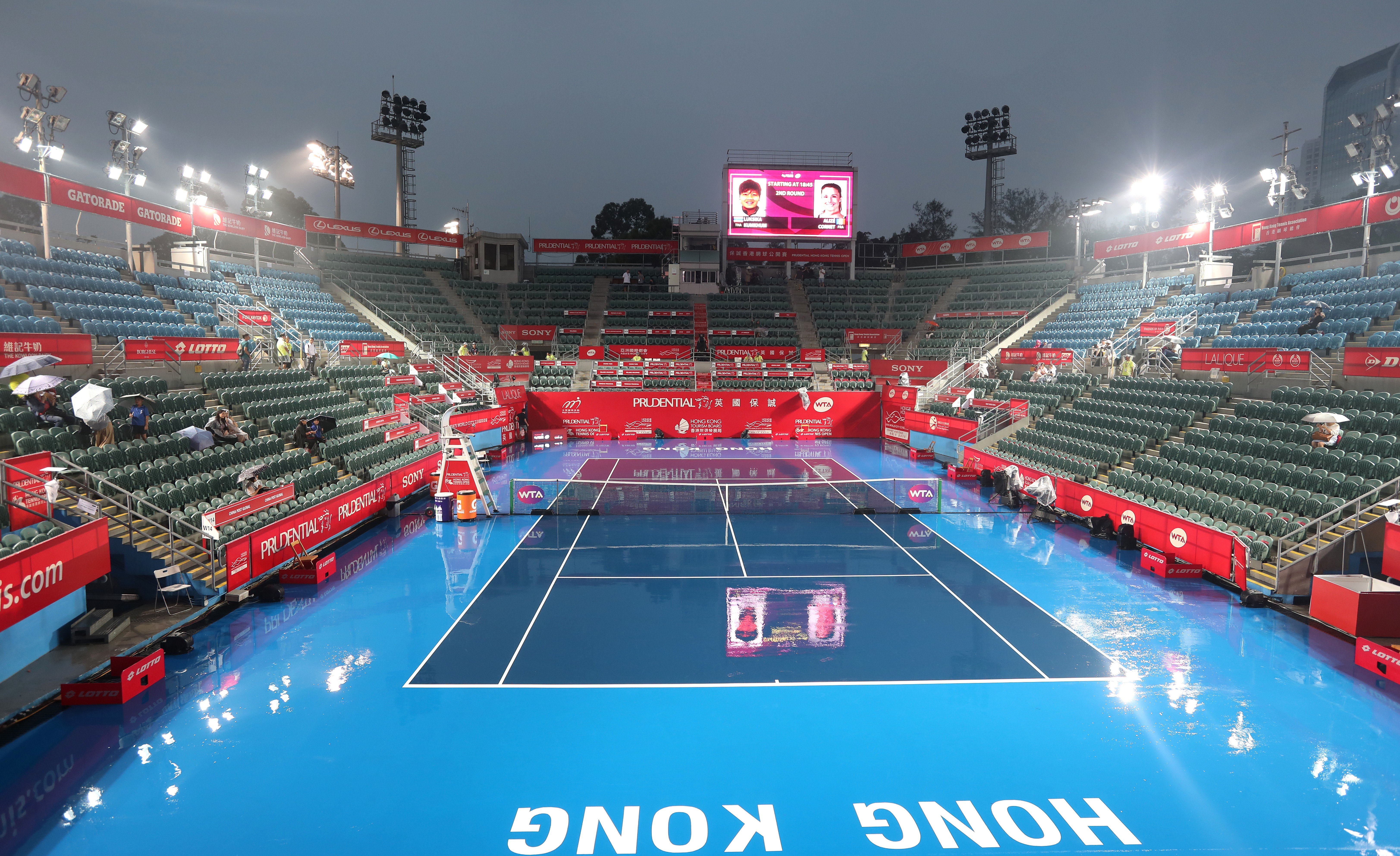A view of a wet Victoria Park Tennis Stadium in Causeway Bay, after a rainy Wednesday at the Prudential Hong Kong Tennis Open. Photo: Xiaomei Chen