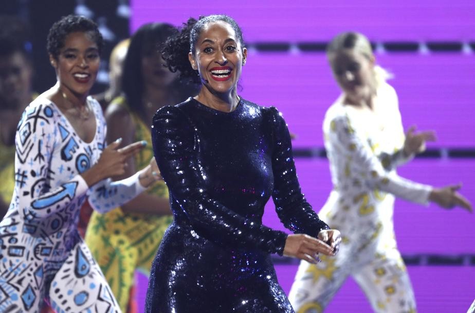Tracee Ellis Ross wears a black sequin jumpsuit by Lebanese designer Nicolas Jebran while hosting the American Music Awards in Los Angeles, on October 9. Picture: AP