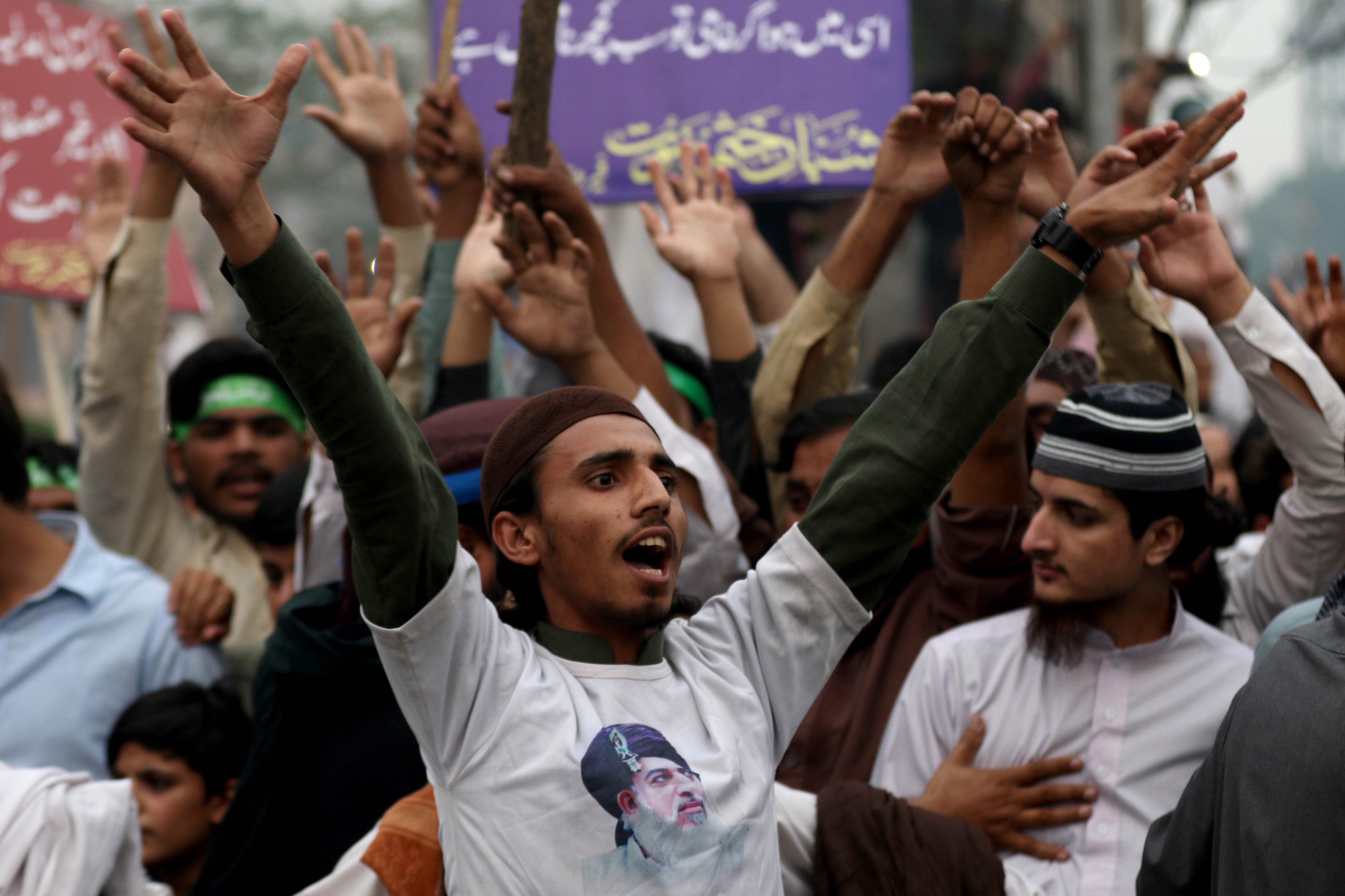 Supporters of the radical Tehreek-e-Labbaik Pakistan (TLP) party rally against the Pakistan Supreme Court’s acquittal of Asia Bibi, at a rally in Lahore last Friday, one of a number of protests that paralysed major cities. Photo: AP