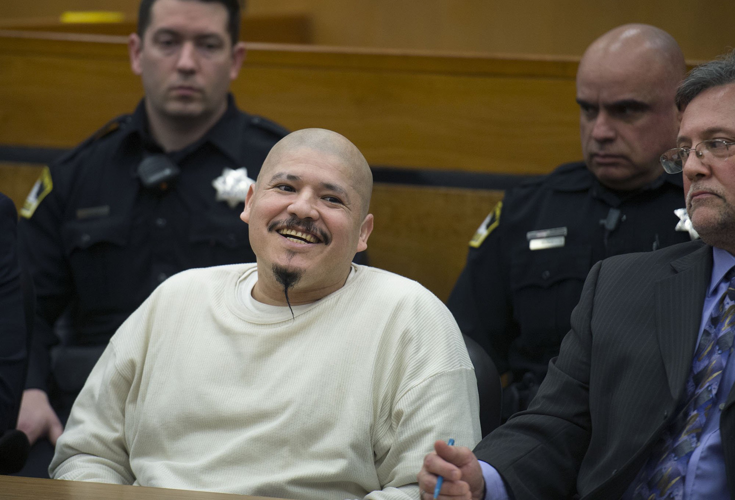 Luis Bracamontes smiles as the verdict is read that he will receive the death penalty in the murders of Sacramento Sheriff's Deputy Danny Oliver and Placer County Detective Michael Davis Jnr on March 27, 2018 in Sacramento, California. Photo: TNS
