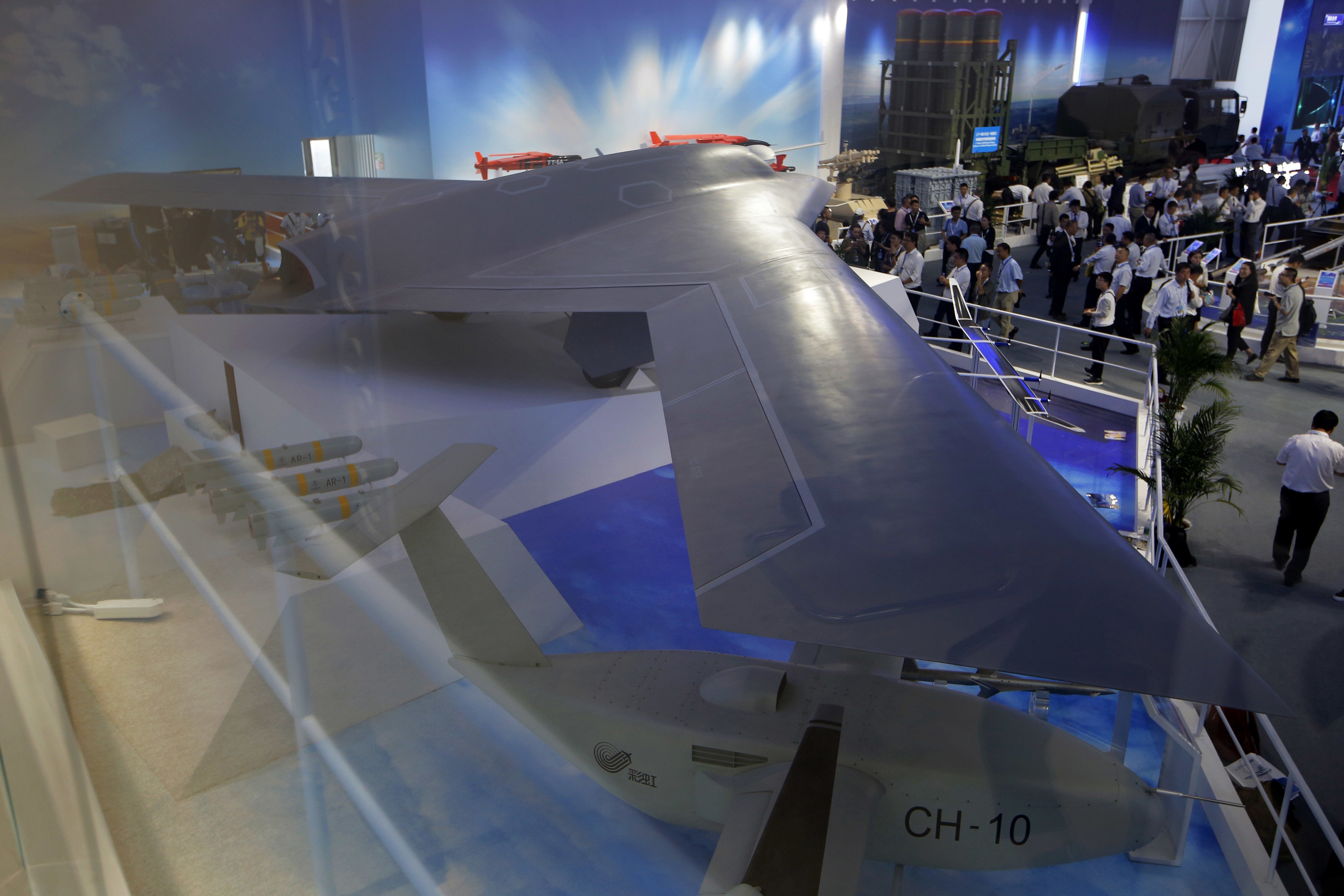 A full-size model of China’s new stealth drone, the CH-7, is on display at Airshow China in Zhuhai. Photo: AP