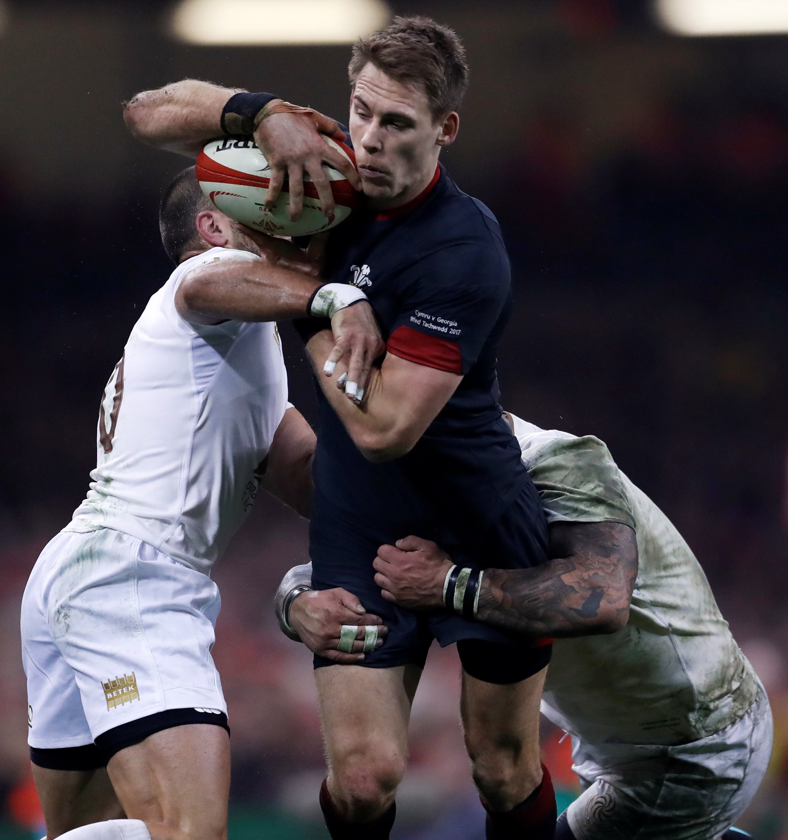 Wales’ Liam Williams tackled by Georgia's Lasha Khmaladze and Mikheil Nariashvili in 2017. Georgia need more games like this against top nations, but the Six Nations is not the answer. Photo: Action Images via Reuters/Andrew Boyers