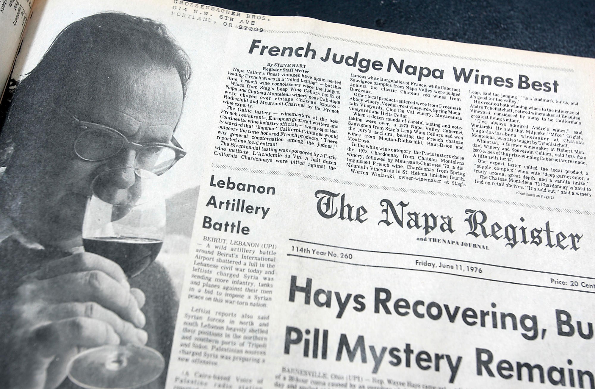 The Napa Register, dated June 11, 1976, announcing the results of the Judgement of Paris blind tasting. Picture: Alamy