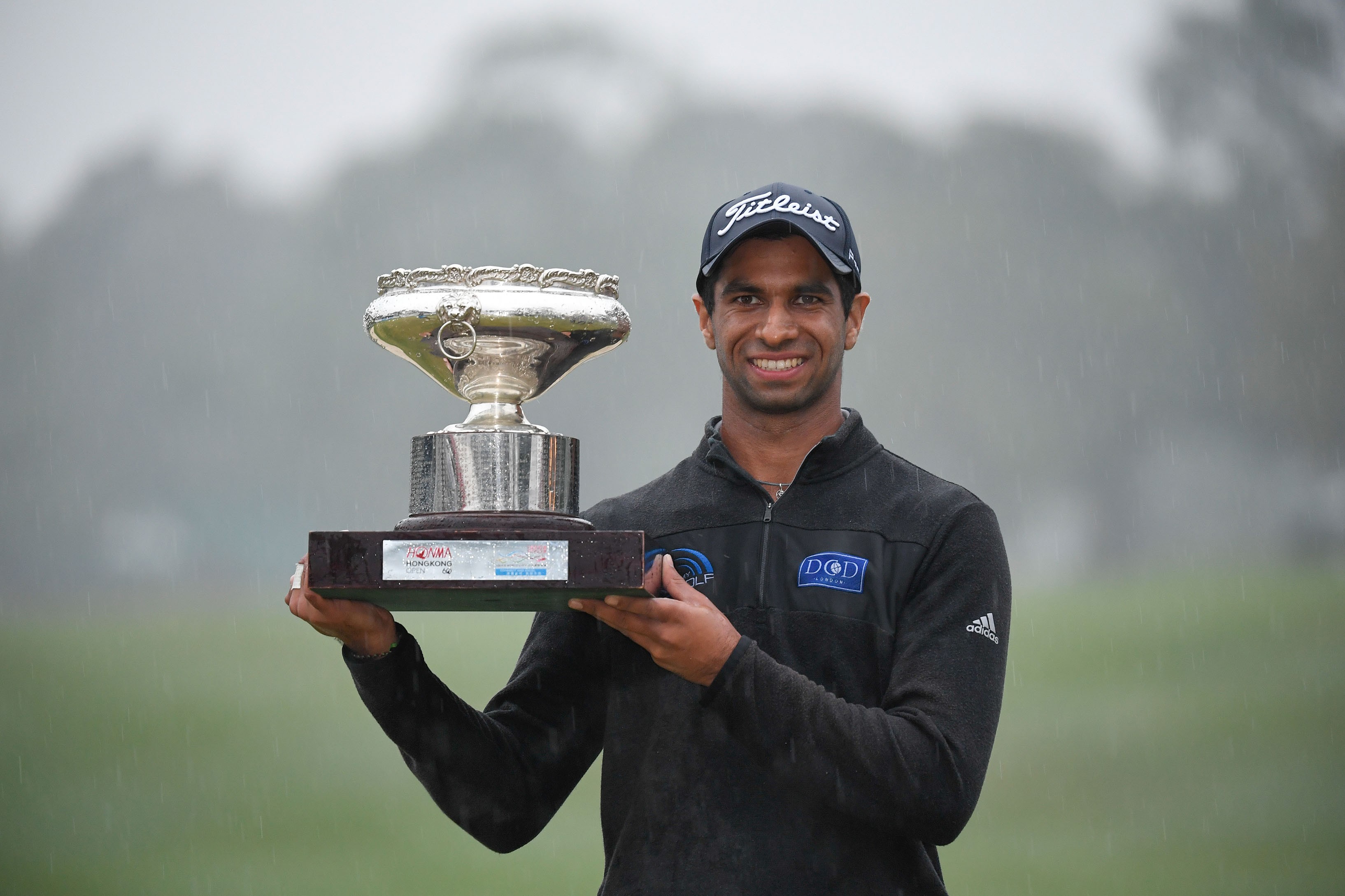 Aaron Rai with the winner’s trophy after his victory at the Hong Kong Open. Photos: Richard Castka
