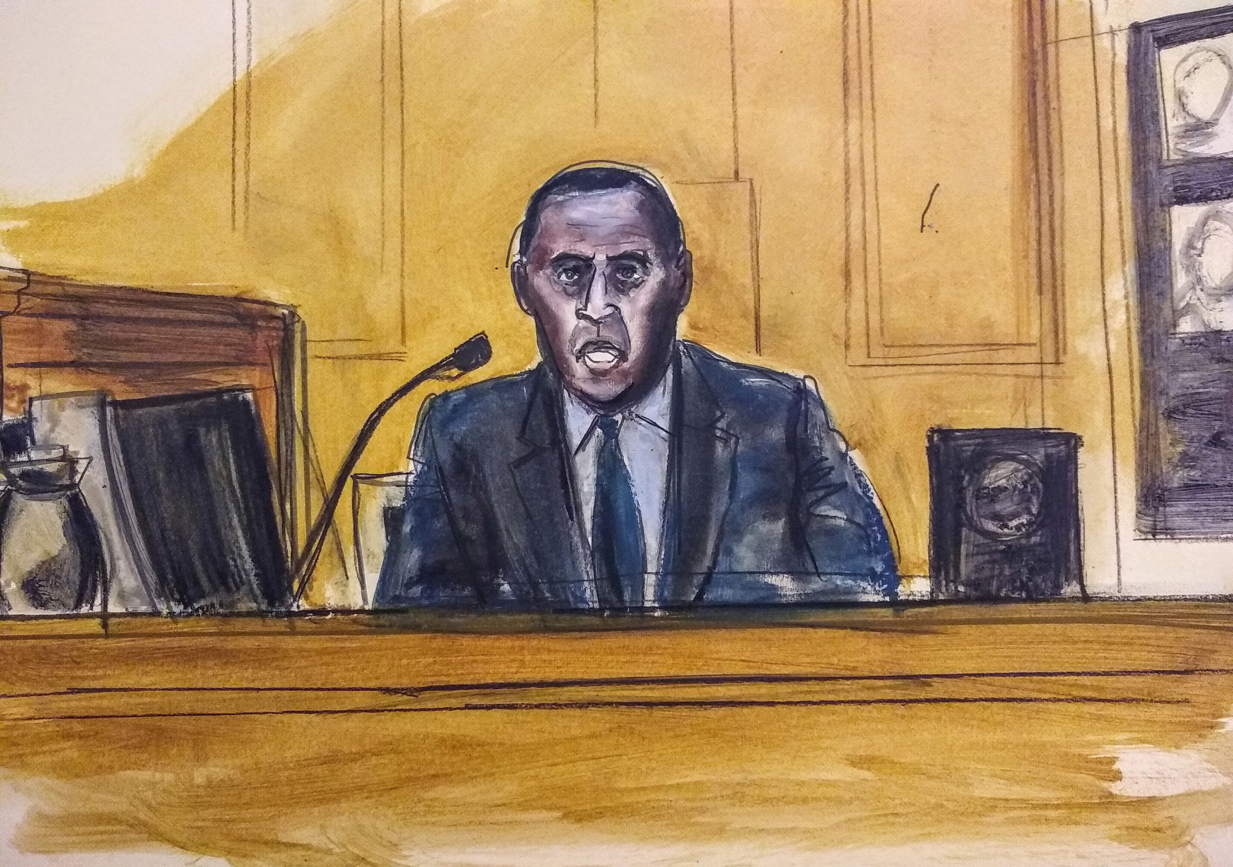 A courtroom sketch shows former Senegalese foreign minister Cheikh Gadio in the witness box during Patrick Ho’s bribery trial. Photo: AP