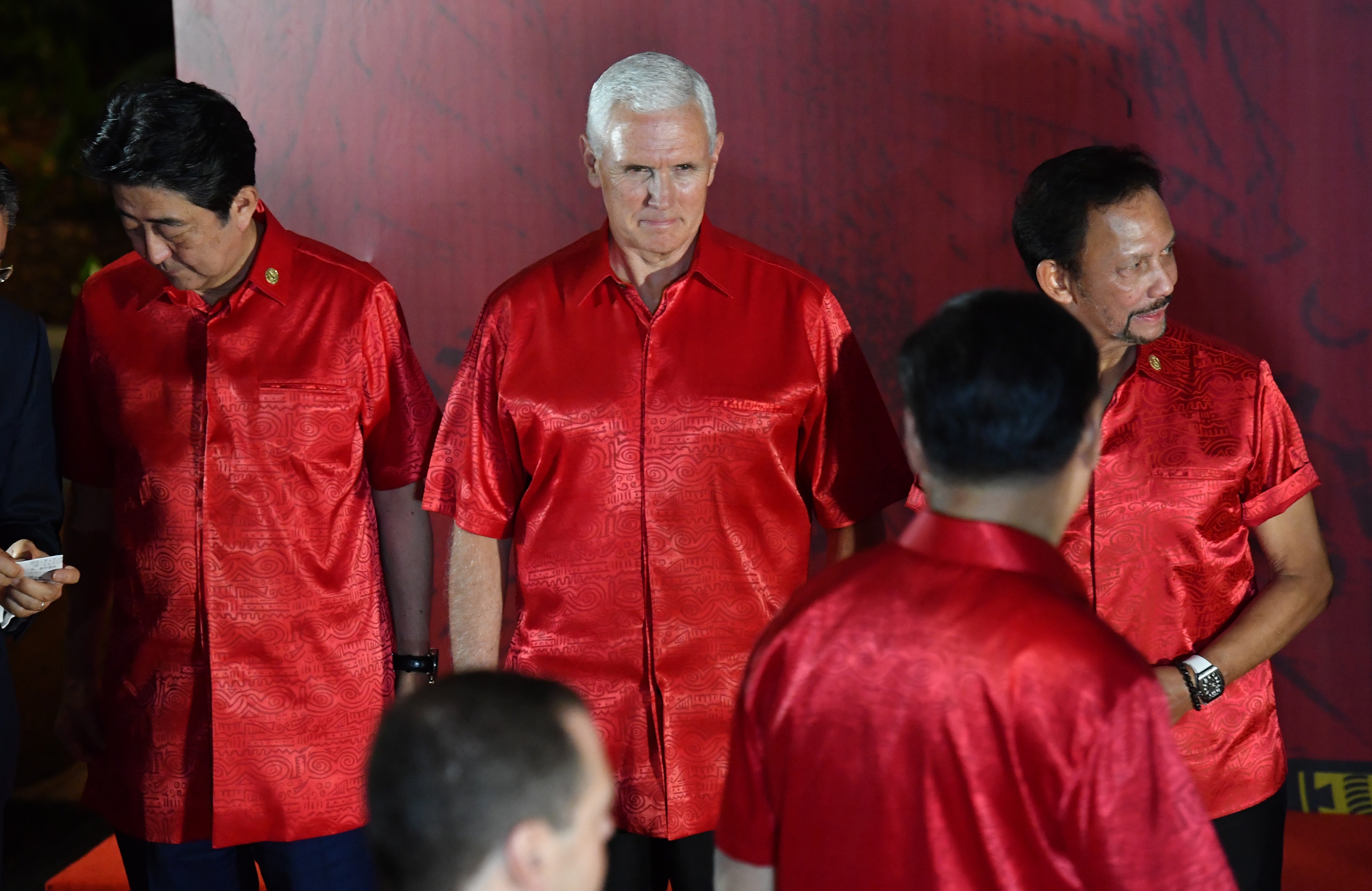 United States Vice President Mike Pence locks eyes with Chinese President Xi Jinping before the official “family” photograph at this month’s Apec summit in Papua New Guinea. Photo: EPA