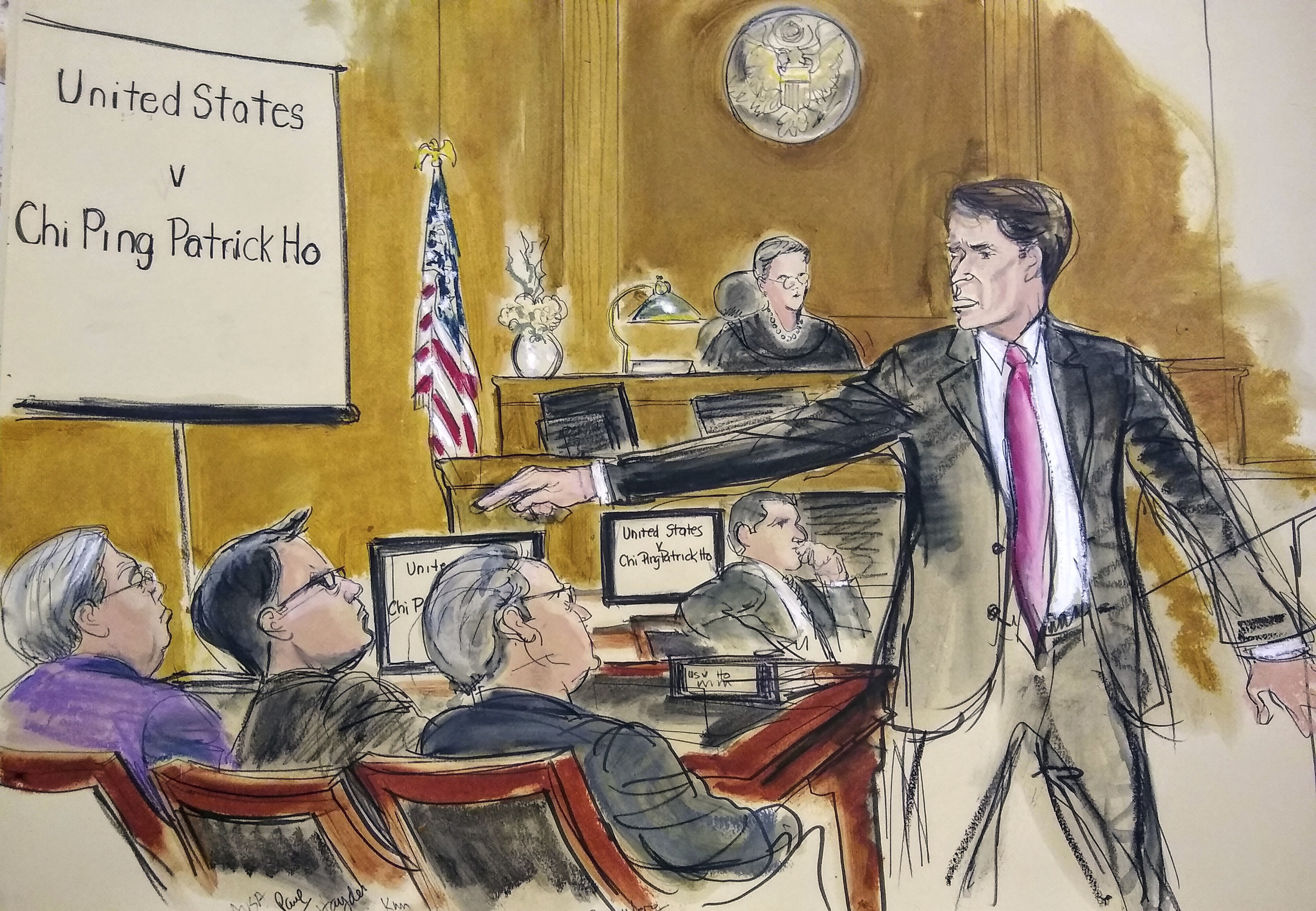 In this courtroom sketch, Assistant US Attorney Paul Hayden points at defendant Patrick Ho (seated far left) during opening statements. Illustration: Elizabeth Williams via AP