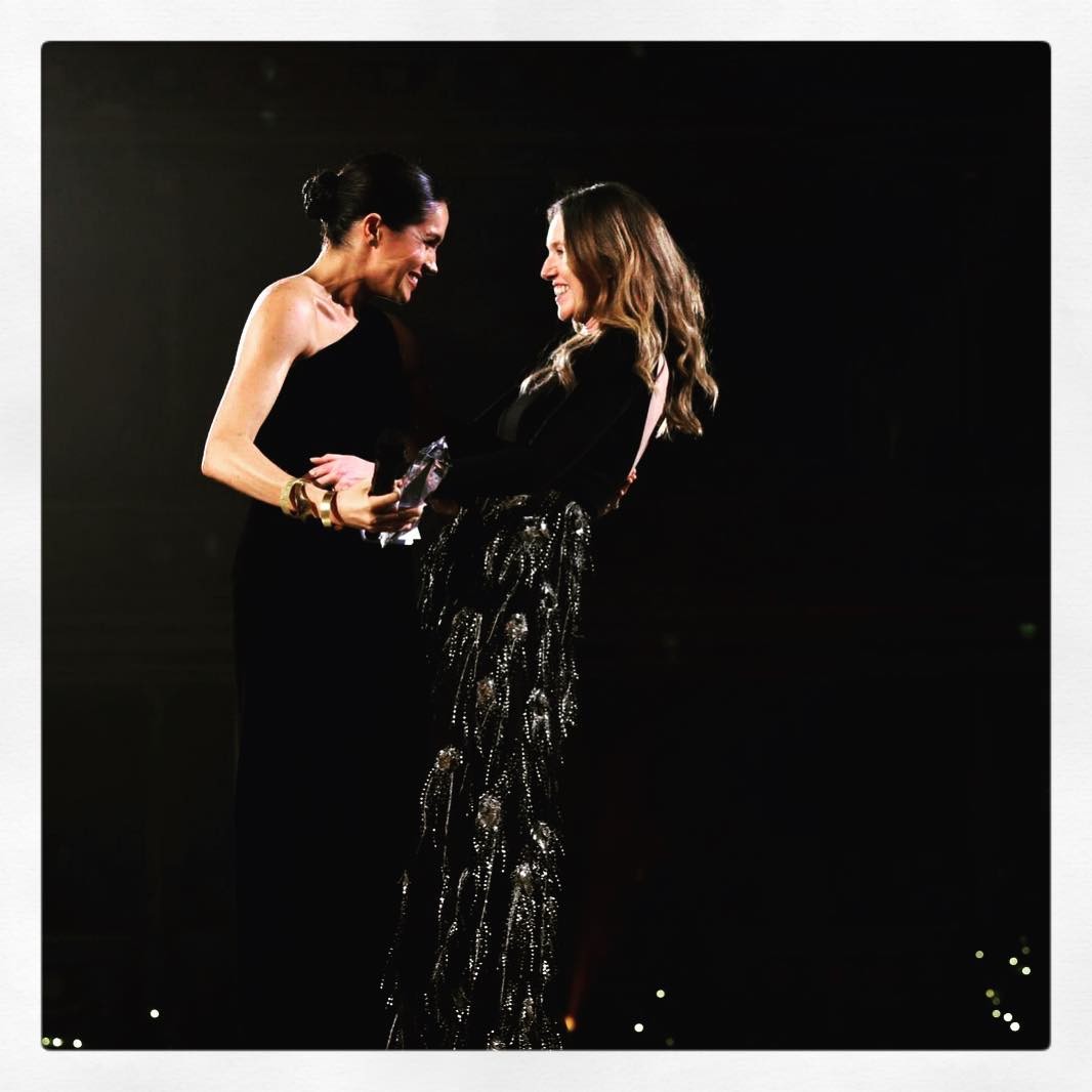 Meghan Markle, Duchess of Sussex (left), and Givenchy’s artistic director Claire Waight Keller, who designed her wedding dress, at the British Fashion Awards in London on Monday. Photo: Instagram: @clarewaightkeller
