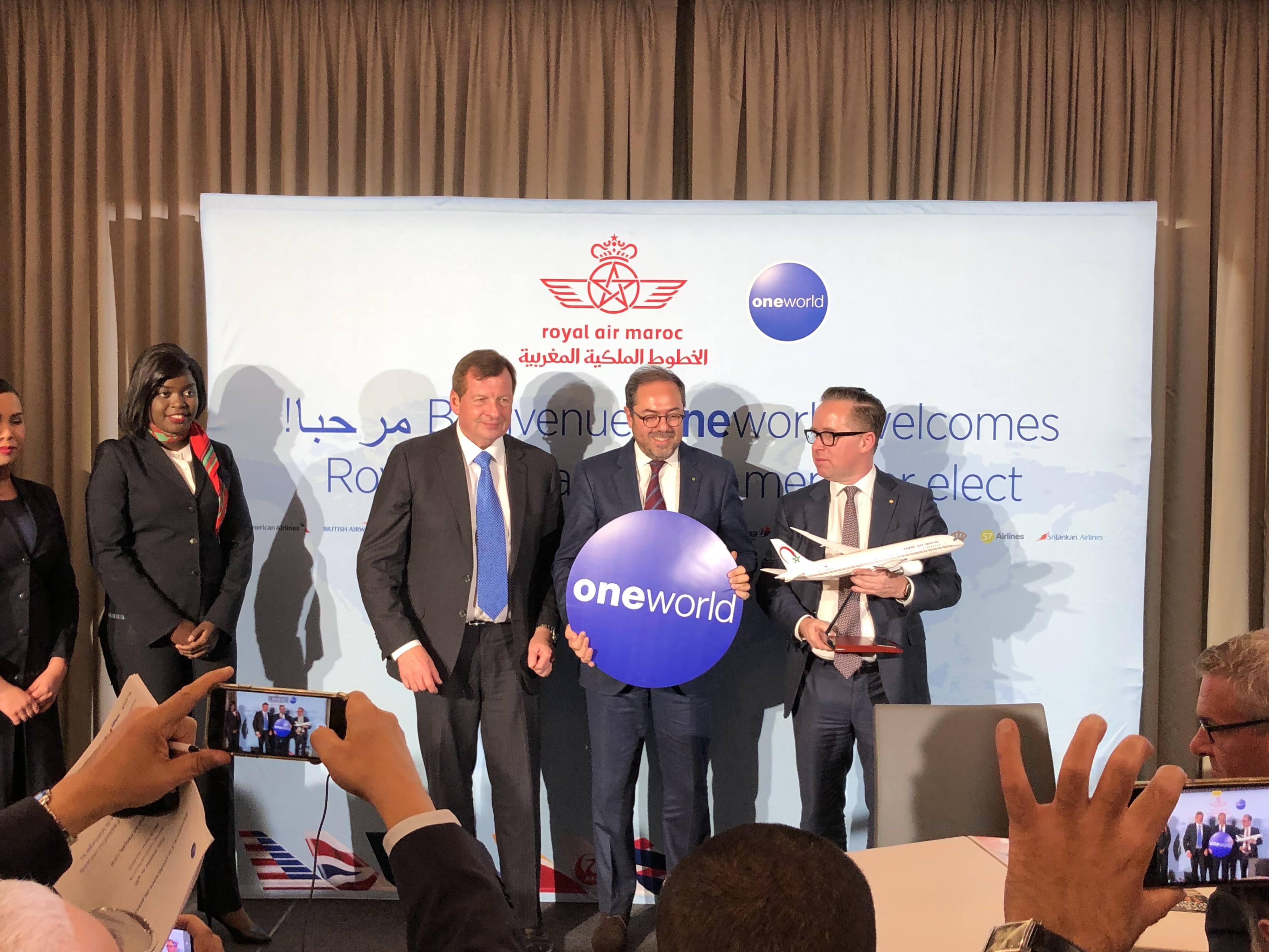 Oneworld CEO Rob Gurney (left), with Royal Air Maroc CEO Abdelhamid Addou (centre), and Qantas CEO Alan Joyce (right) in New York last week, announcing the Moroccan airline RAM as the newest member of the alliance. Photo: Danny Lee