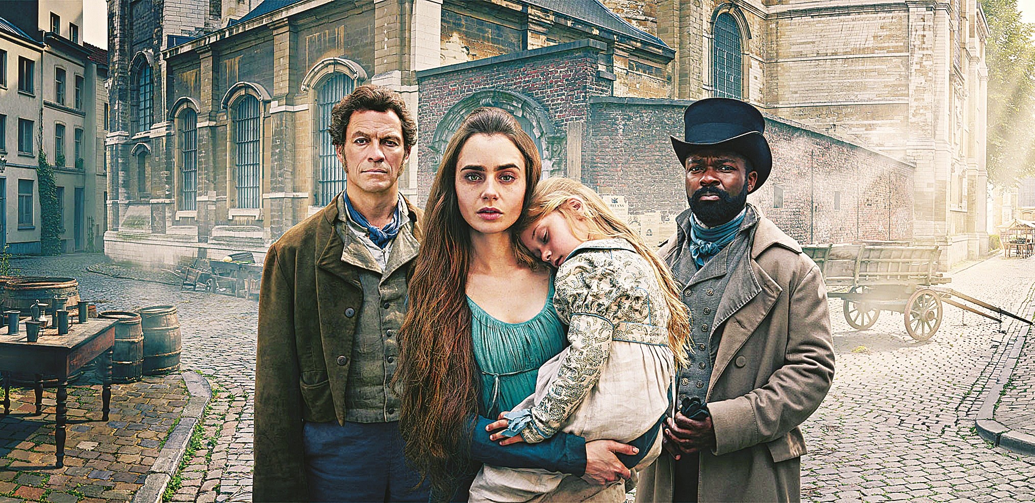 Dominic West, Lily Collins and David Oyelowo in a still from BBC’s adaptation of Victor Hugo’s Les Miserables. Photo: BBC