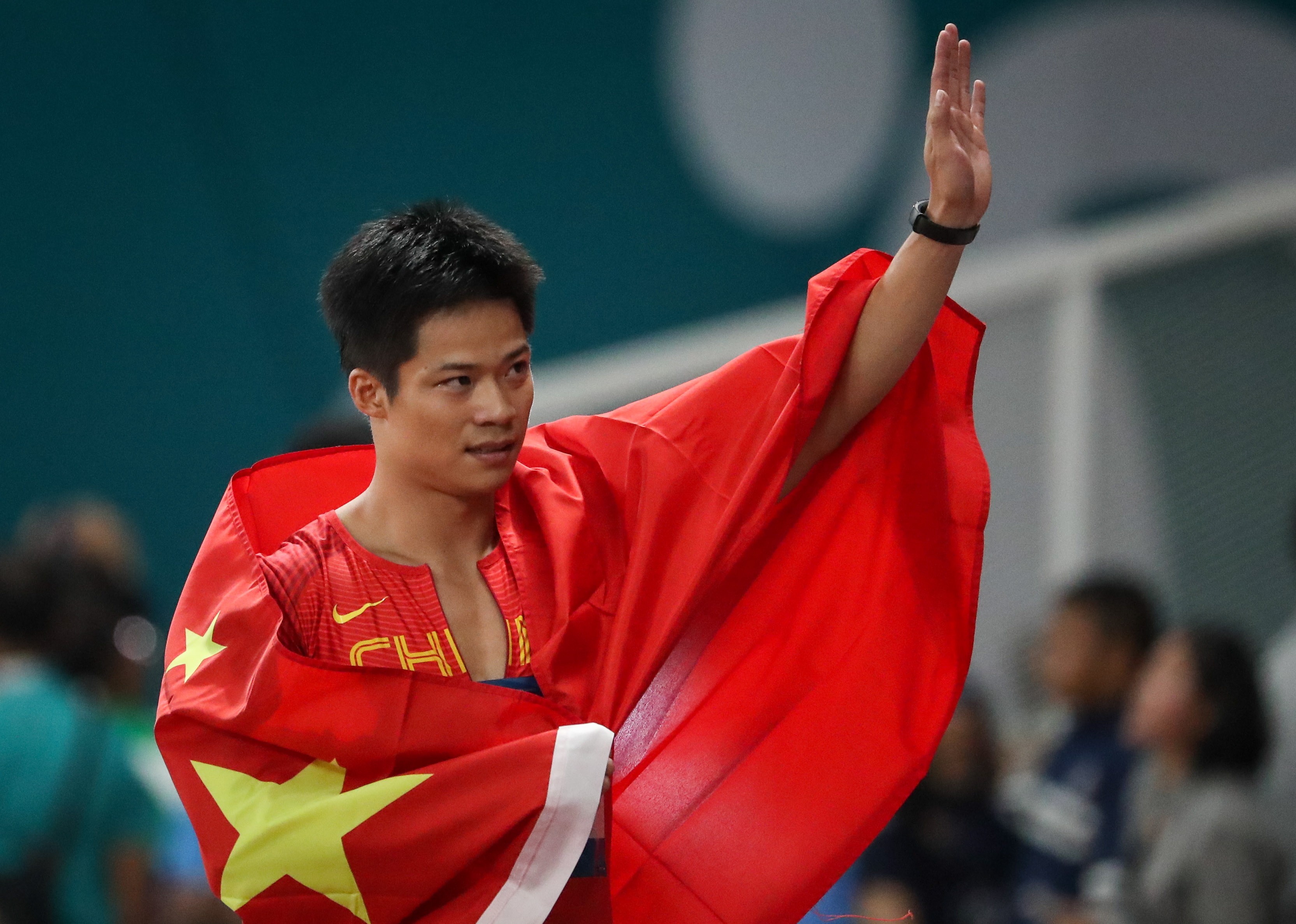 Su Bingtian after finishing first in the men’s 100m finals at the Asian Games. Photo: EPA
