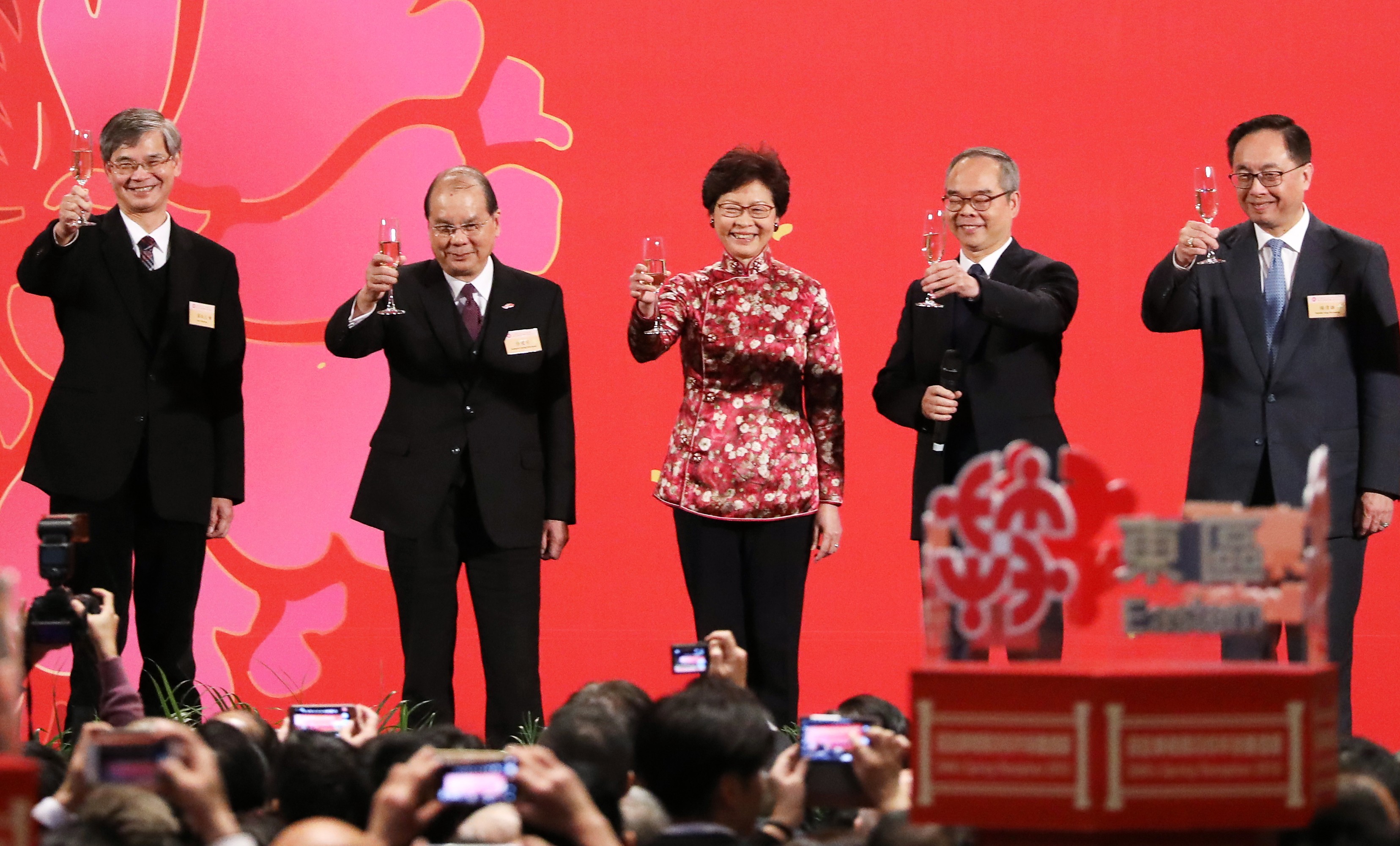 Hong Kong Chief Executive Carrie Lam and her ministers, including (from left) Secretary for Labour and Welfare Law Chi-kwong, Chief Secretary Matthew Cheung, Secretary for Home Affairs Lau Kong-wah and Secretary for Innovation and Technology Nicholas Yang, attend a Lunar New Year reception on February 23. Photo: Sam Tsang