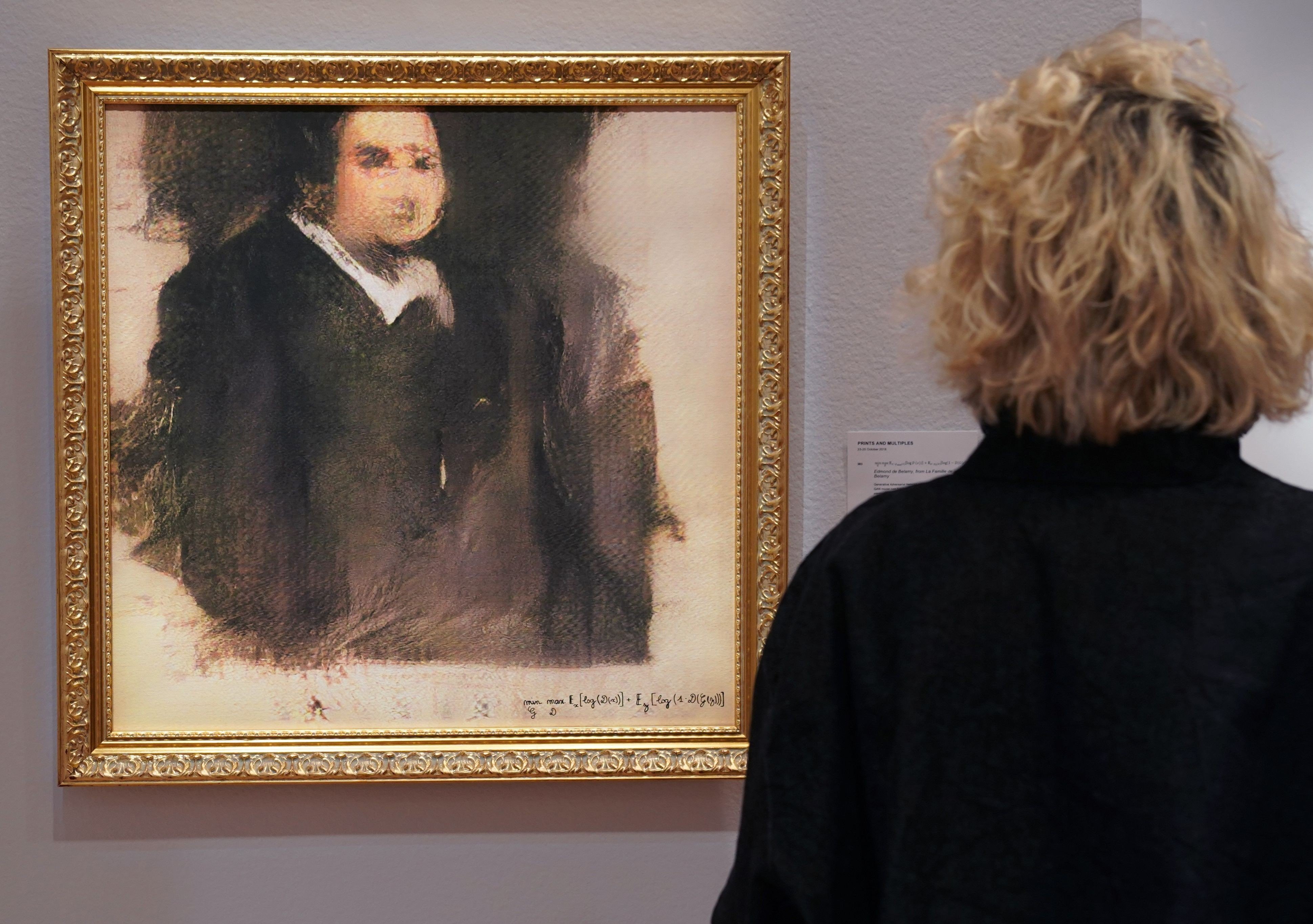 "Portrait of Edmond de Belamy," at Christie's in New York. Photo by TIMOTHY A. CLARY / AFP