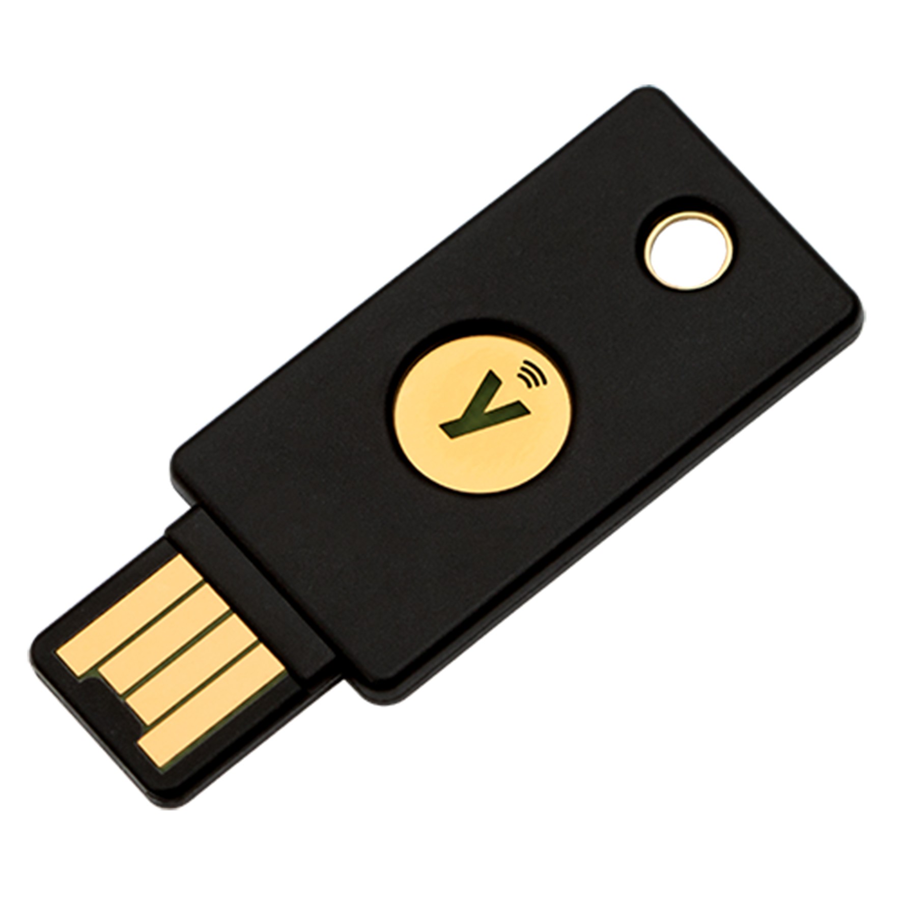 The YubiKey is a two-factor hardware dongle that verifies your identity through a physical USB-like device for greater security.