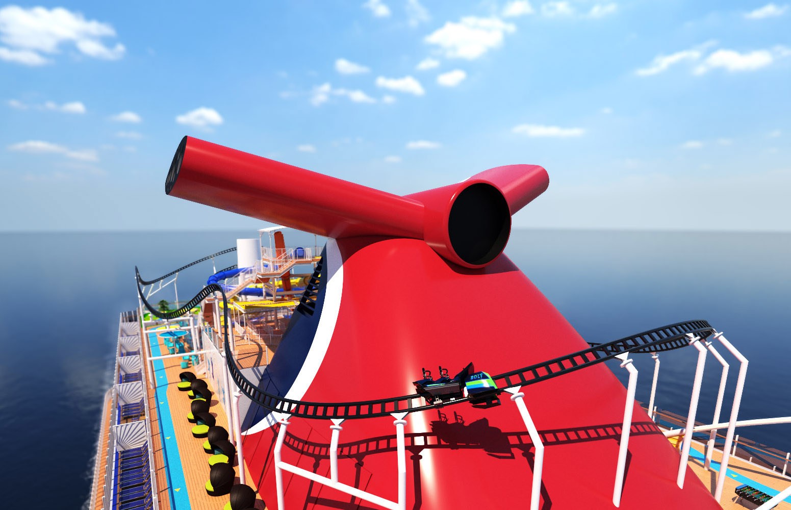 Carnival Cruise Line’s ship Mardi Gras – complete with a 780-foot long roller-coaster ride, suspended nearly 200 feet above the sea – will set sail in 2020. Illustration: Carnival Cruise Line