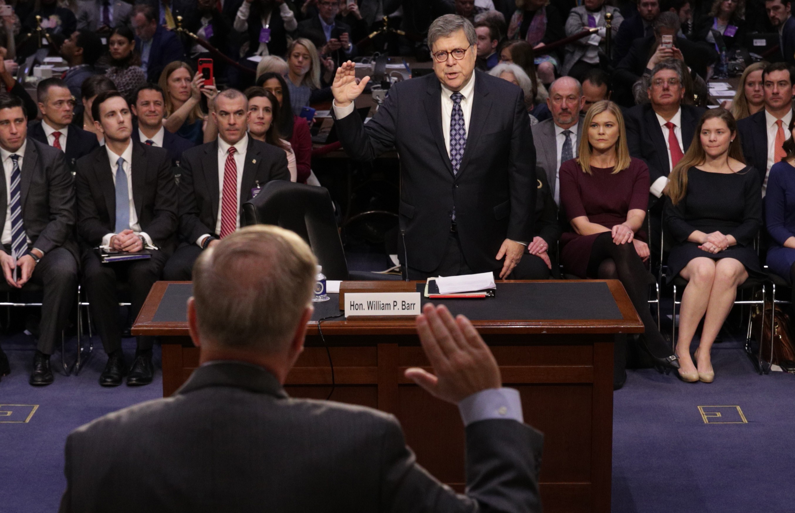 William Barr, nominee to be US Attorney General, is sworn in before testifying during a Senate Judiciary Committee confirmation hearing on Capitol Hill in Washington on Tuesday. Photo: AFP