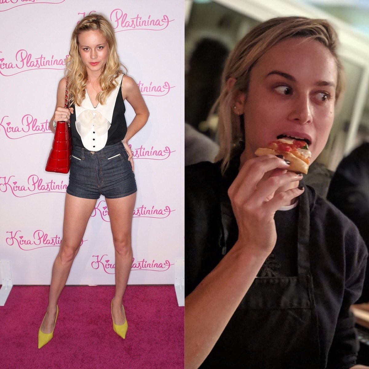 Actress Brie Larson accepted the 10-year challenge by posting a photograph of herself eating pizza alongside a picture of how she looked 10 years ago.