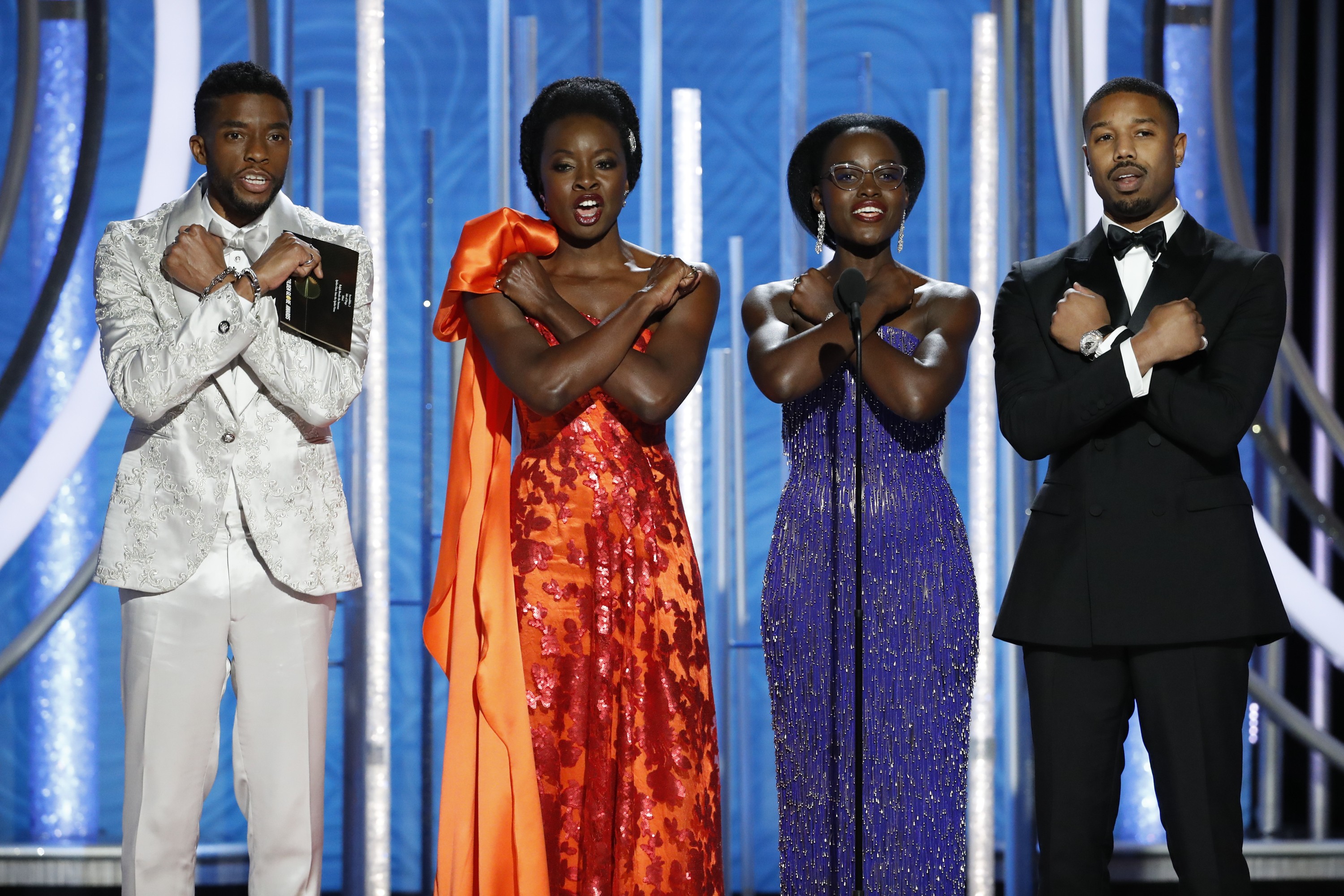 Members of the cast of ‘Black Panther’, (from left) Chadwick Boseman, Danai Gurira, Lupita Nyong’o and Michael B. Jordan – pictured at this month’s Golden Globe Awards ceremony – which has been nominated for the best picture award at next month’s Academy Awards. Photo: NBC/AP