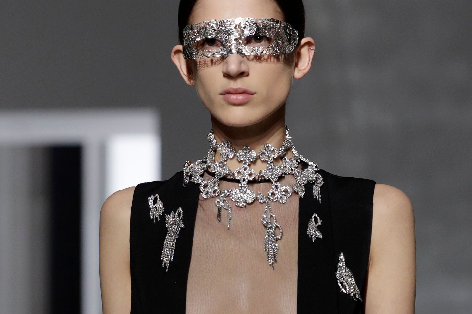 Sparkling accessories, pearly bustiers and soft feathers embellished Clair Waight Keller’s designs for Givenchy haute couture at Paris Fashion Week. Photo: AFP