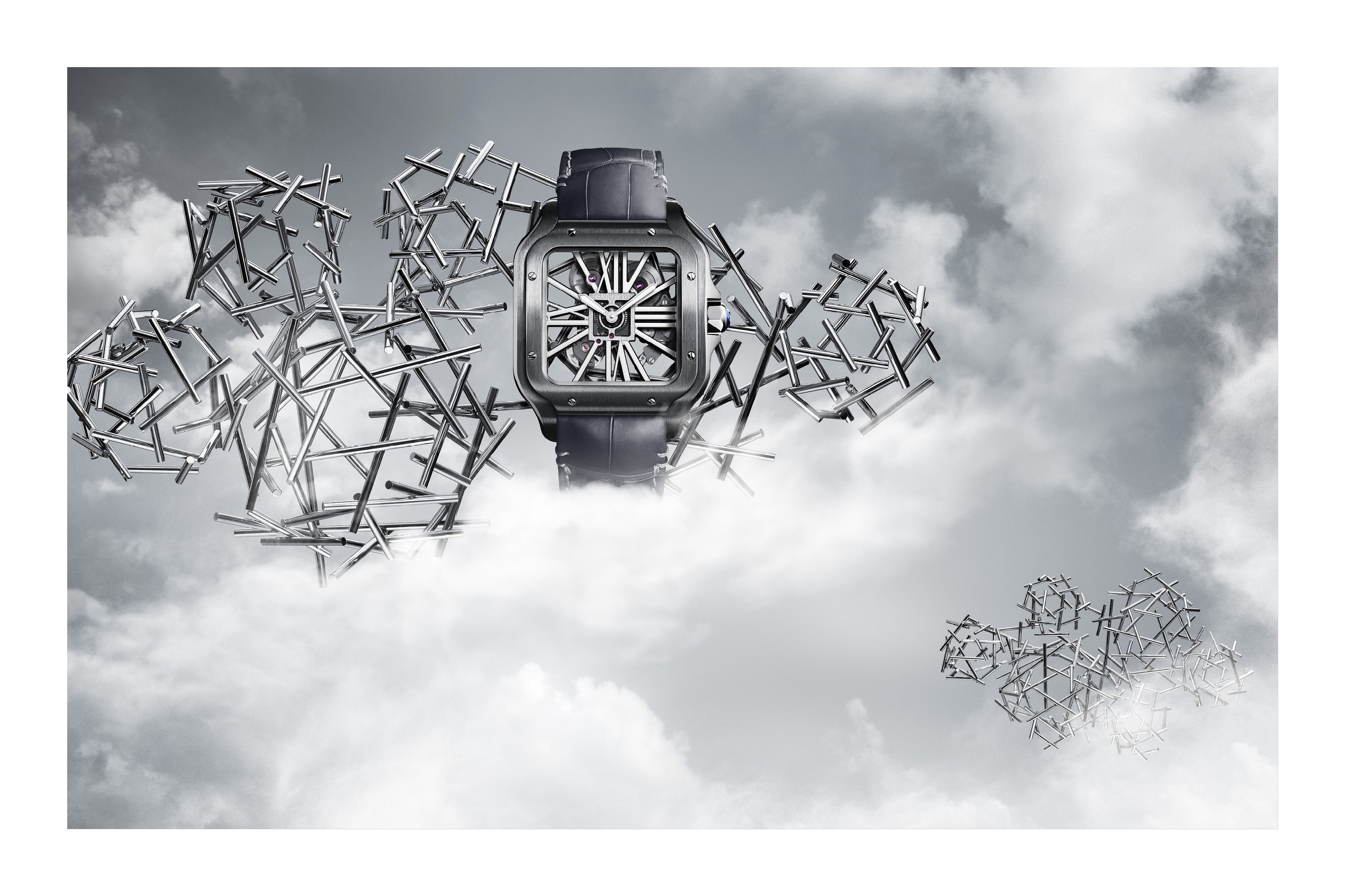 The Santos de Cartier Skeleton stands out with its all-black case and strap.