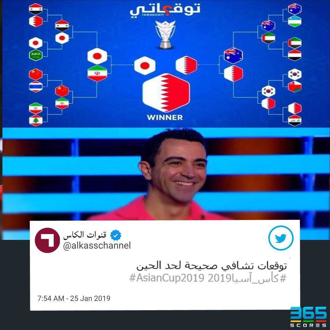 Xavi Hernandez stands in front of his AFC Asian Cup 2019 predictions. Photo: Twitter/@alkasschannel