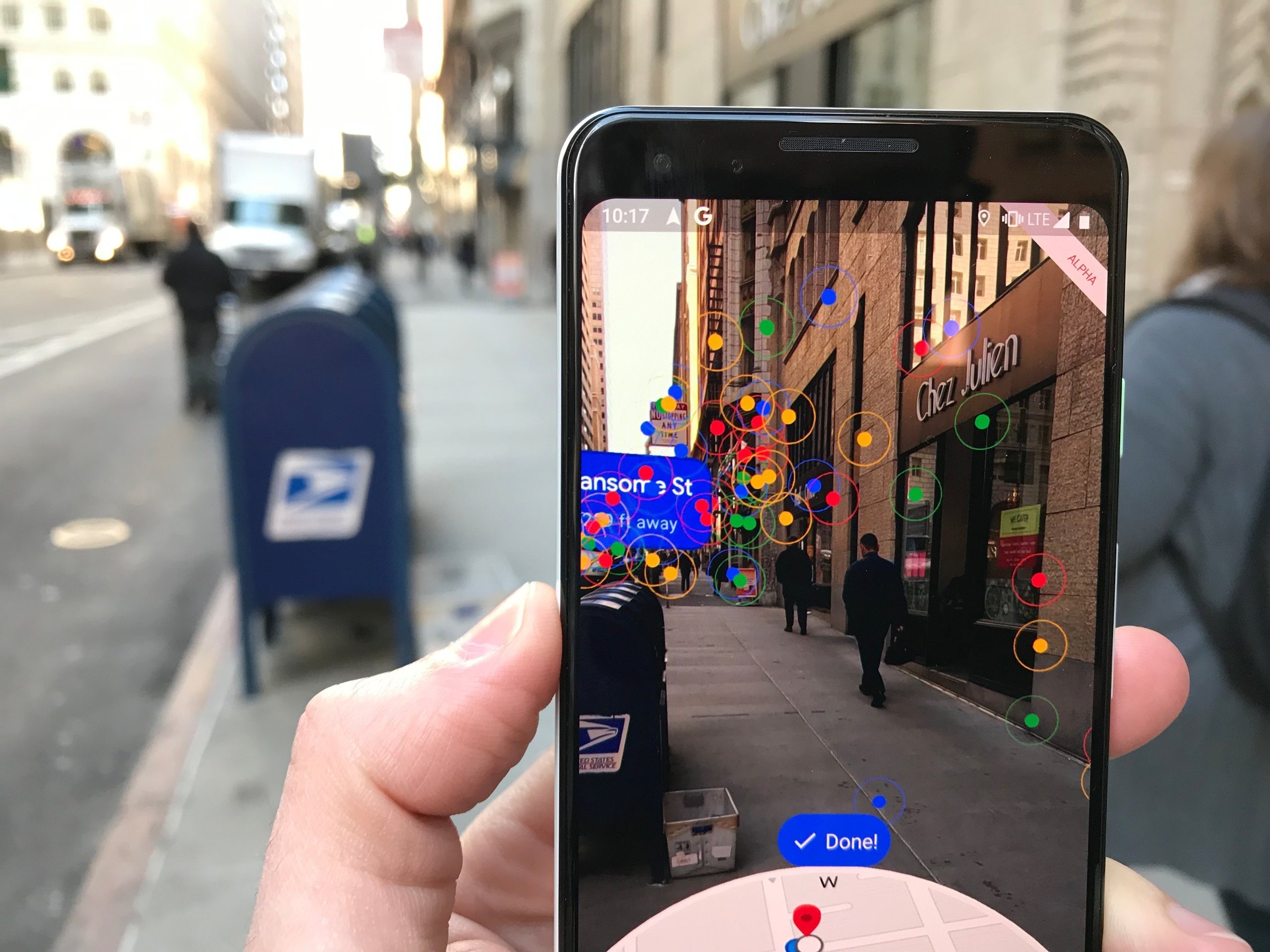 The augmented reality feature on Google Maps, which displays the view in front of you on your phone, with arrows and coloured identification markers around buildings, aims to help you easily find your way in unfamiliar places. Photos: Business Insider