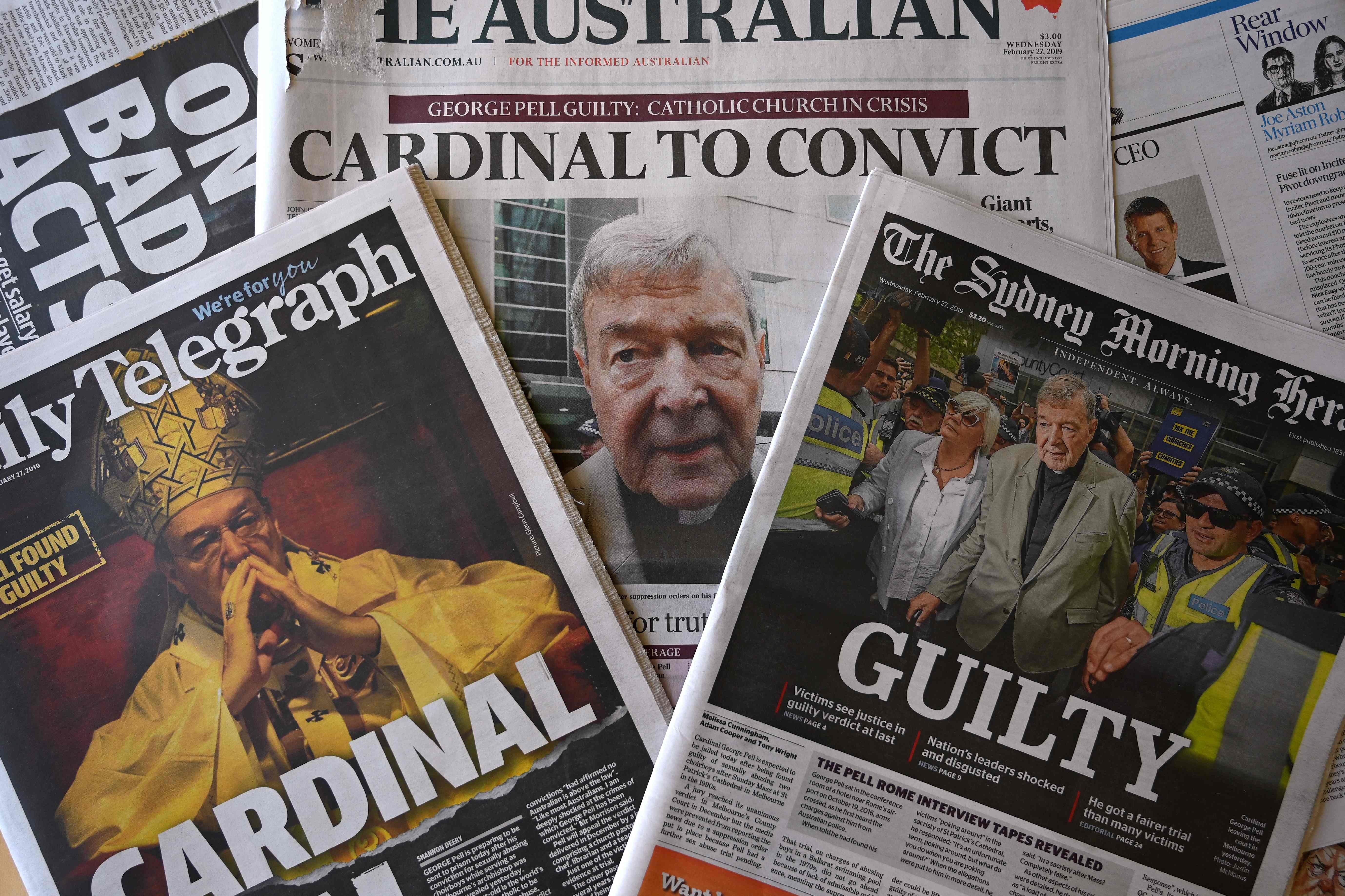 Front pages of Australia’s major newspapers report on Cardinal George Pell’s conviction on child sex charges on February 27. Photo: AFP