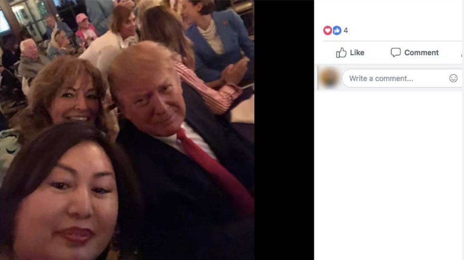 Li Yang (front) snaps a selfie with US President Donald Trump at a Super Bowl watching party held at the president’s West Palm Beach country club on February 3. Photo: Facebook / TNS