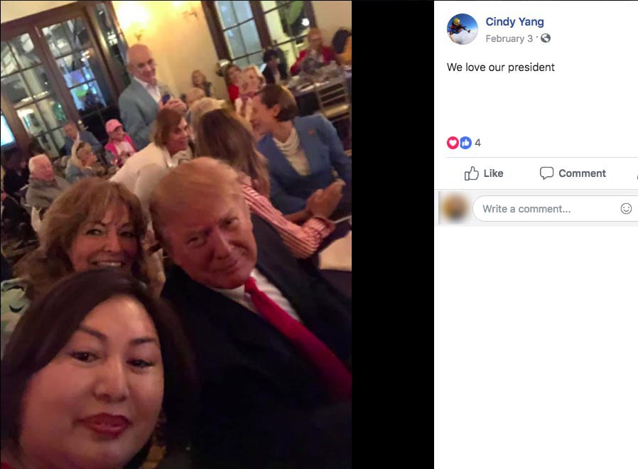 Cindy Yang (front) snaps a selfie with US President Donald Trump at a Super Bowl watching party held at the president’s West Palm Beach country club on February 3. Photo: Facebook/Miami Herald/TNS)