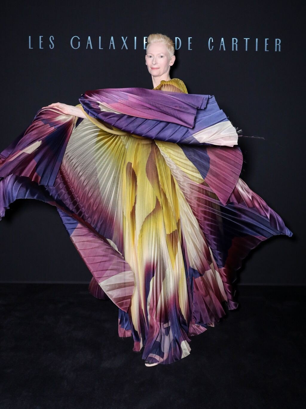 Tilda Swinton flaunts a stunning, flowing dress at the dinner party of ‘Les Galaxies de Cartier’.