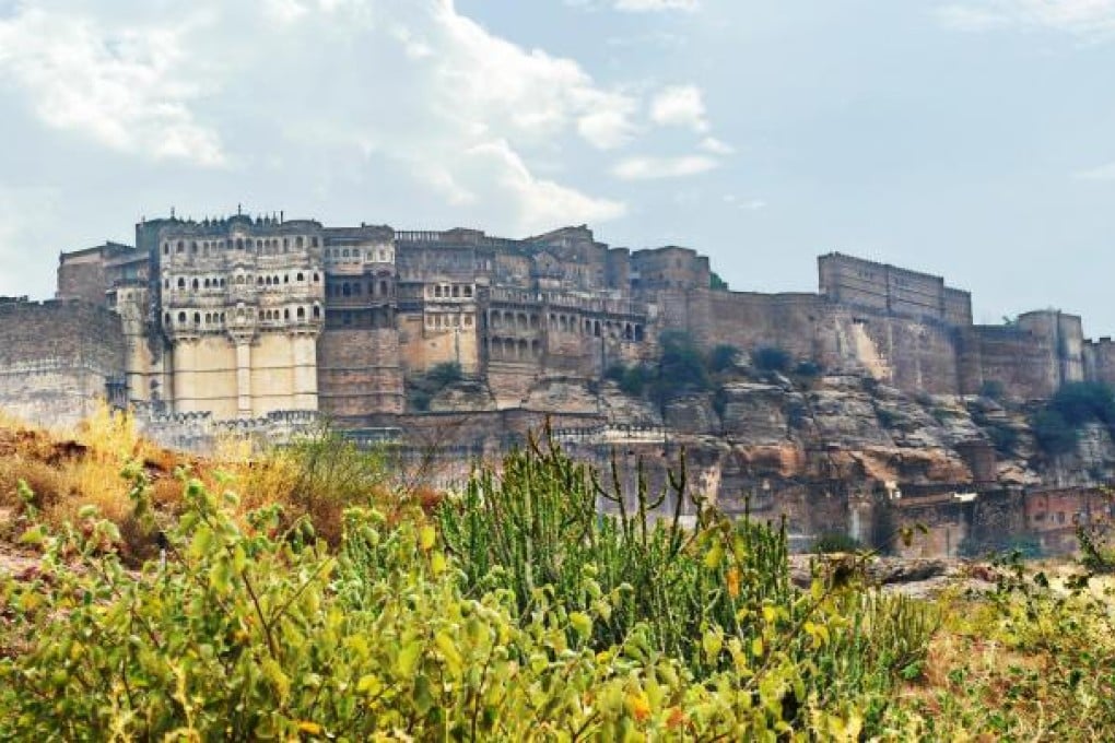 The Rao Jodha Desert Rock Park in Jodhpur, with part of Mehrangarh Fort in the background.