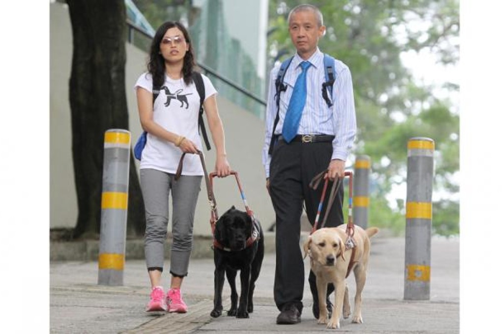 Visually impaired Inti Fu Tai-fun and Tsang Kin-ping with their guide dogs Nana and Deanna walking on a street in Shek Kip Mei. Photo: K.Y. Cheng