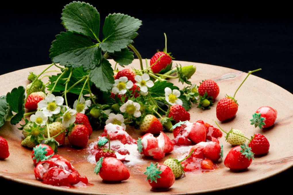 Ryugin's signature dessert: Minus 196-degree candy strawberries with 99-degree strawberry jam.