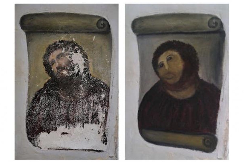 Before and after photos of the painting in Borja. Photo: Reuters