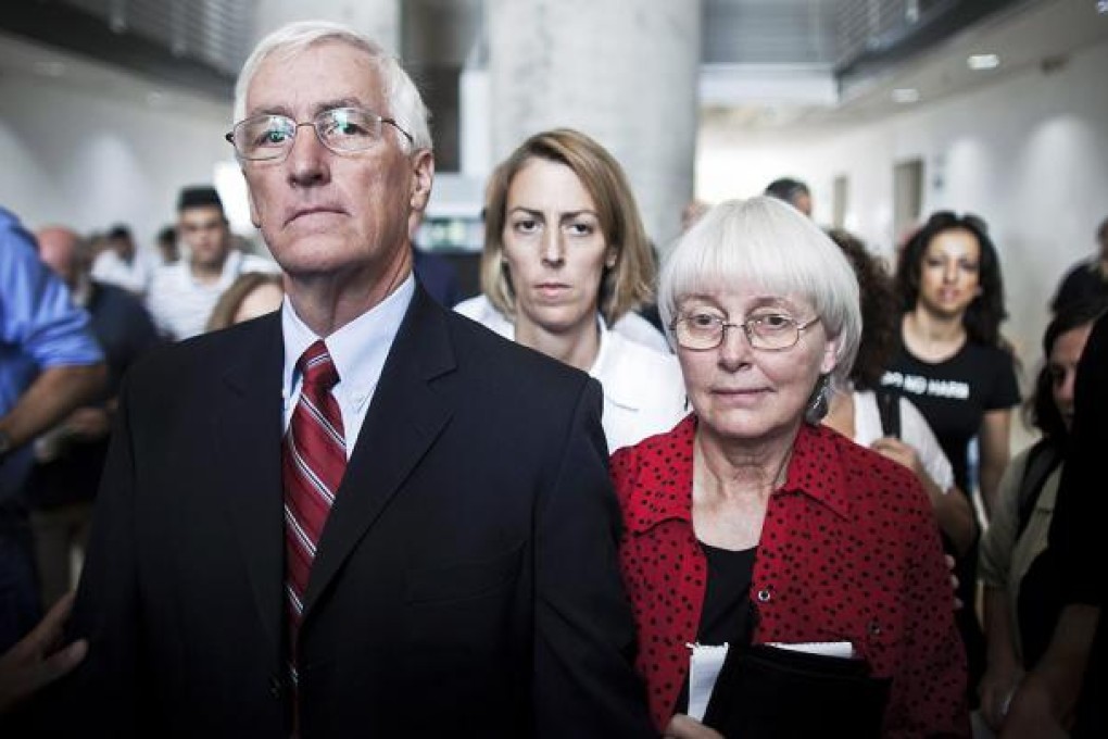 The family of late US pro-Palestinian activist Rachel Corrie, who was killed by an Israeli bulldozer in Gaza in 2003, appear at court in Haifa on Tuesday. Photo: EPA