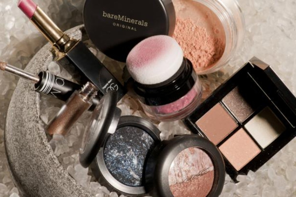 CLOCKWISE FROM ABOVE LEFT: MIMC MINERAL COLOR POWDER 112 HK$235; ORGANIC GLAM LIPSTICK PINK SHIMMER HK$300; BAREMINERALS ORIGINAL SPF 15 FOUNDATION HK$250; MIMC MINERAL COLOR CHEEK 23 HK$435; ORGANIC GLAM EYE SHADOW NUDE BROWN HK$465; M.A.C MINERALIZE EYE SHADOW IN LOVE CONNECTION AND BLUE FLAME HK$185. PHOTO: GARY NG, COMMON STUDIO