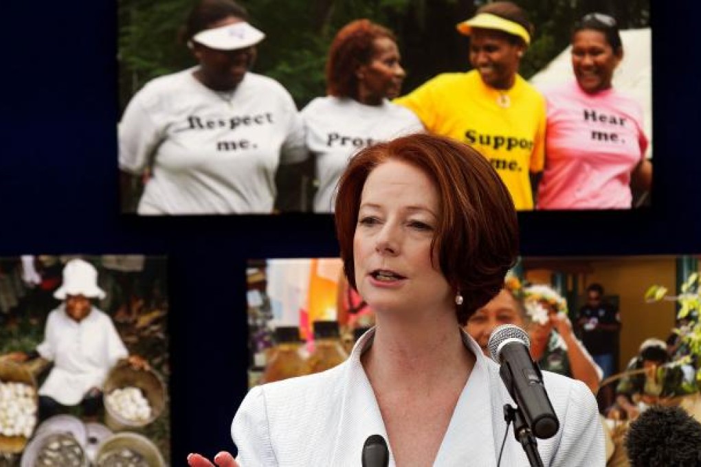 Prime Minister of Australia Julia Gillard speaks to the media and guests on the theme "Women in the Pacific" during the Pacific Islands Forum in Avarua on Rarotonga in the Cook Islands on August 29. Photo: AFP