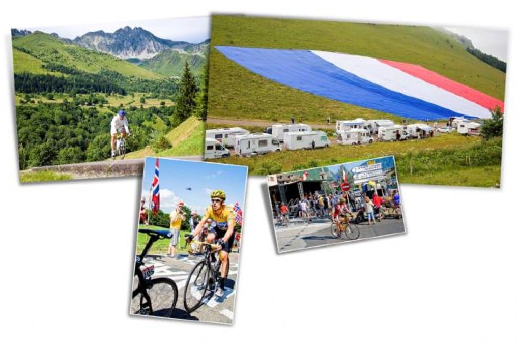 Clockwise from top left: a cycling enthusiast follows the Tour de France course; tourists camp beside a giant French flag near the summit of Grand Colombier; fans prepare for the La Chambre leg of the race to begin; eventual winner Briton Bradley Wiggings.