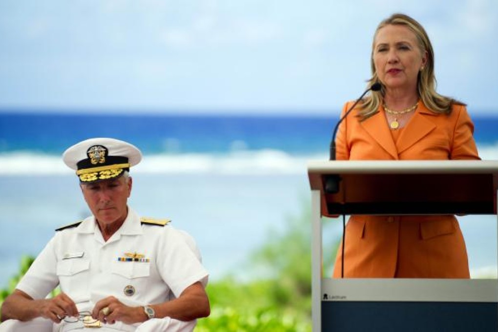 US Secretary of State Hillary Clinton in Rarotonga, Cook Islands last week. She heads to Indonesia on Monday to visit Asean headquarters and urge unity on South China Sea territorial disputes. Photo: AFP